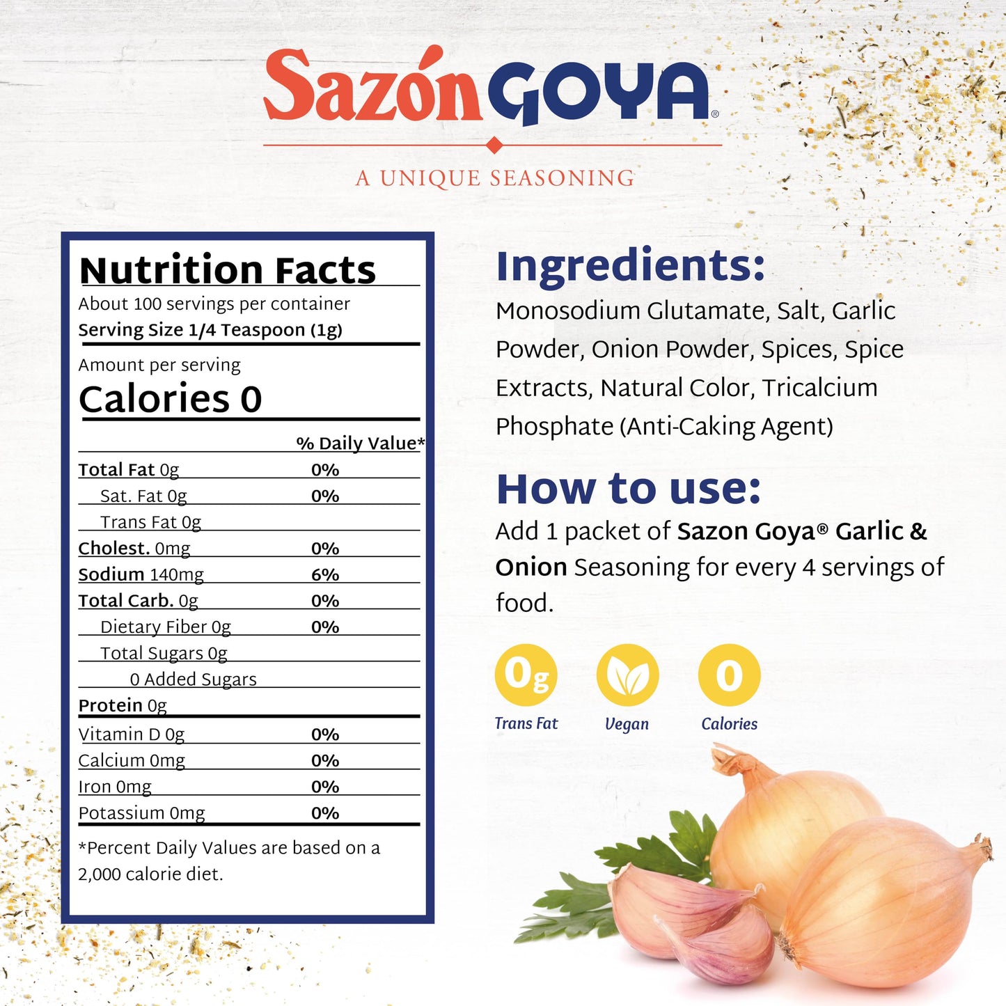 Sazón With Garlic And Onion By Goya, Latin Spice Blend For Poultry, Seafood, Meat And Vegetables, All Purpose Mexican Seasoning, 3.52Oz Carton