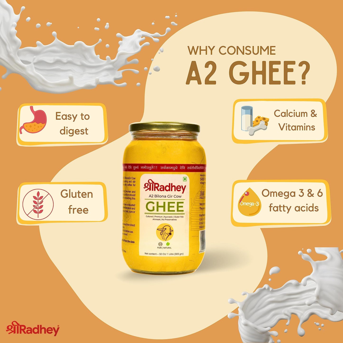 Shree Radhey A2 Bilona Gir Cow Ghee | 1 Litre | Traditional Bilona Method | Cultured | Premium | Immunity Booster | Pure | Natur