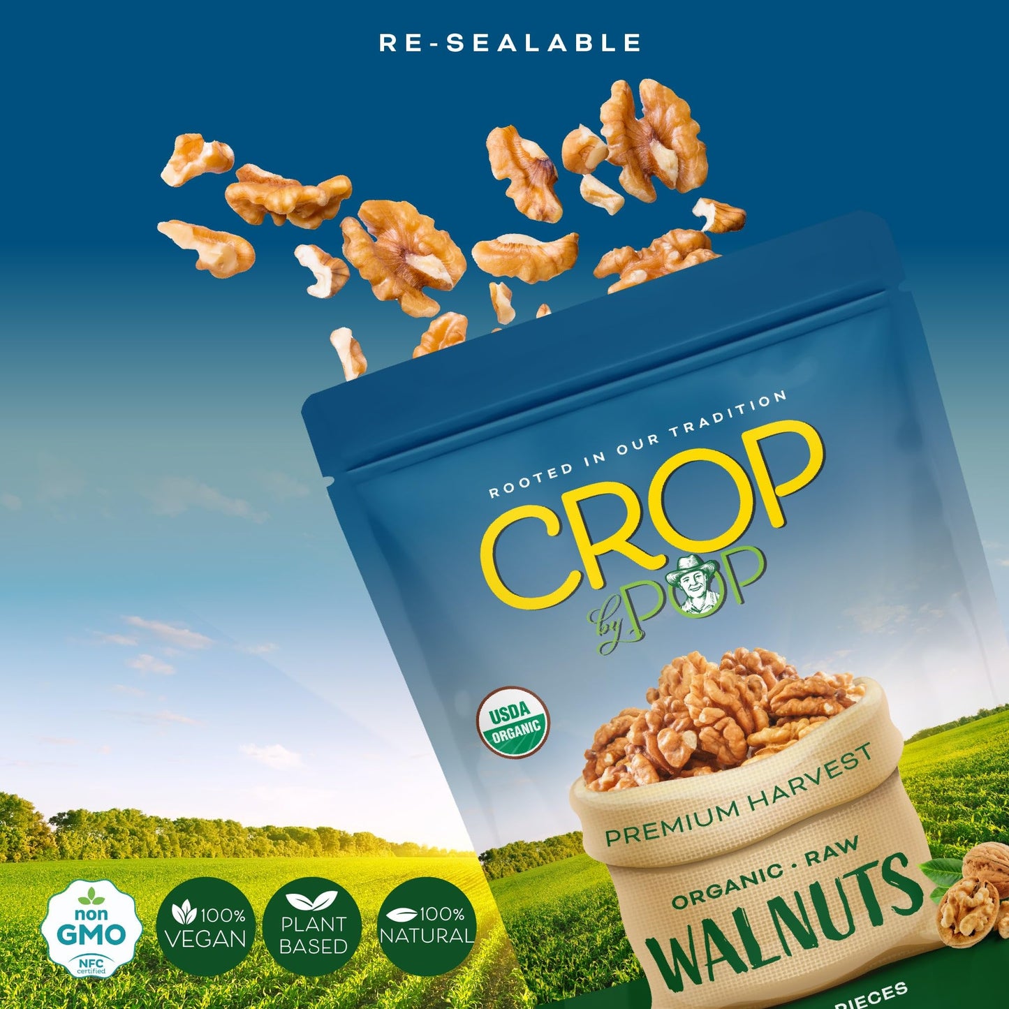 CROP BY POP - Organic Raw Walnuts Halves & Pieces, (32 Oz - 2 LB) USDA Organic & Non GMO Certified - Plant Based, Vegan, Kosher