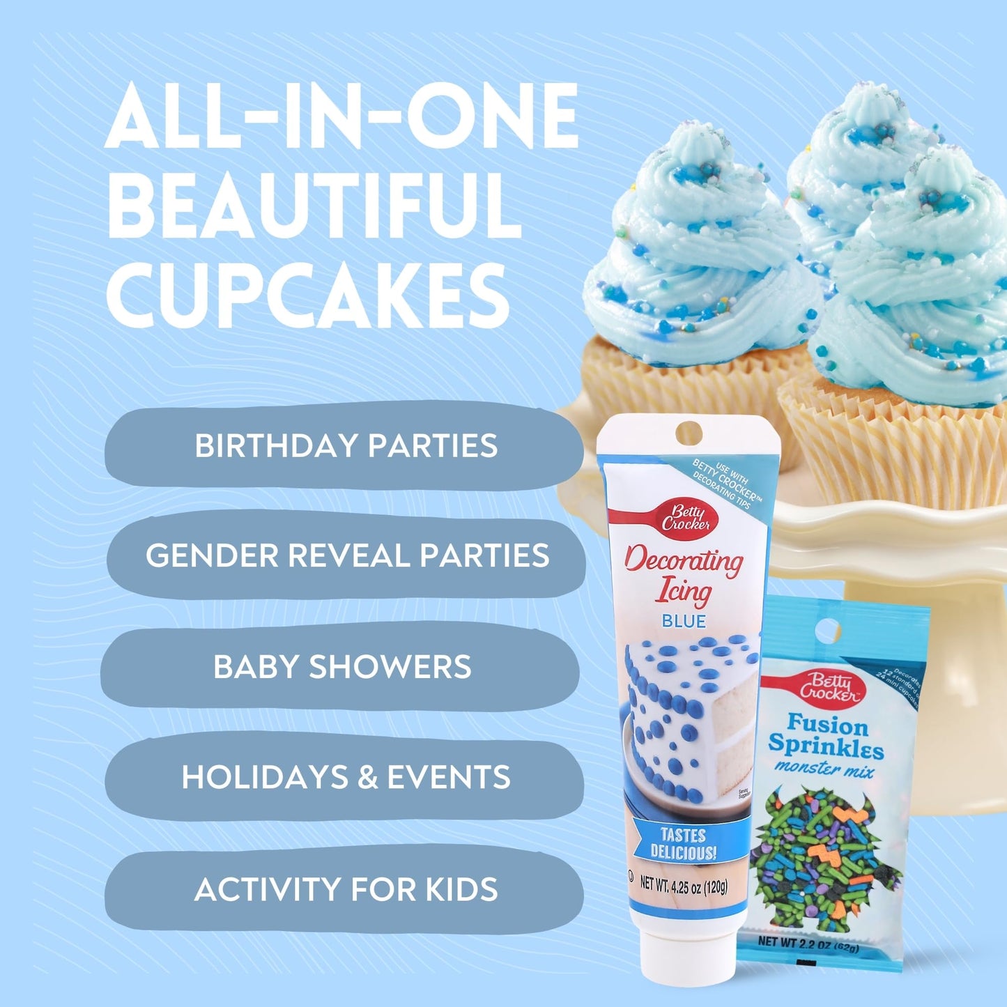 Betty Crocker Cupcake Kit - 100 Blue Cupcake Liners, Fusion Monster Mix Sprinkles, Blue Icing - Ideal for Gender Reveals & Birthdays