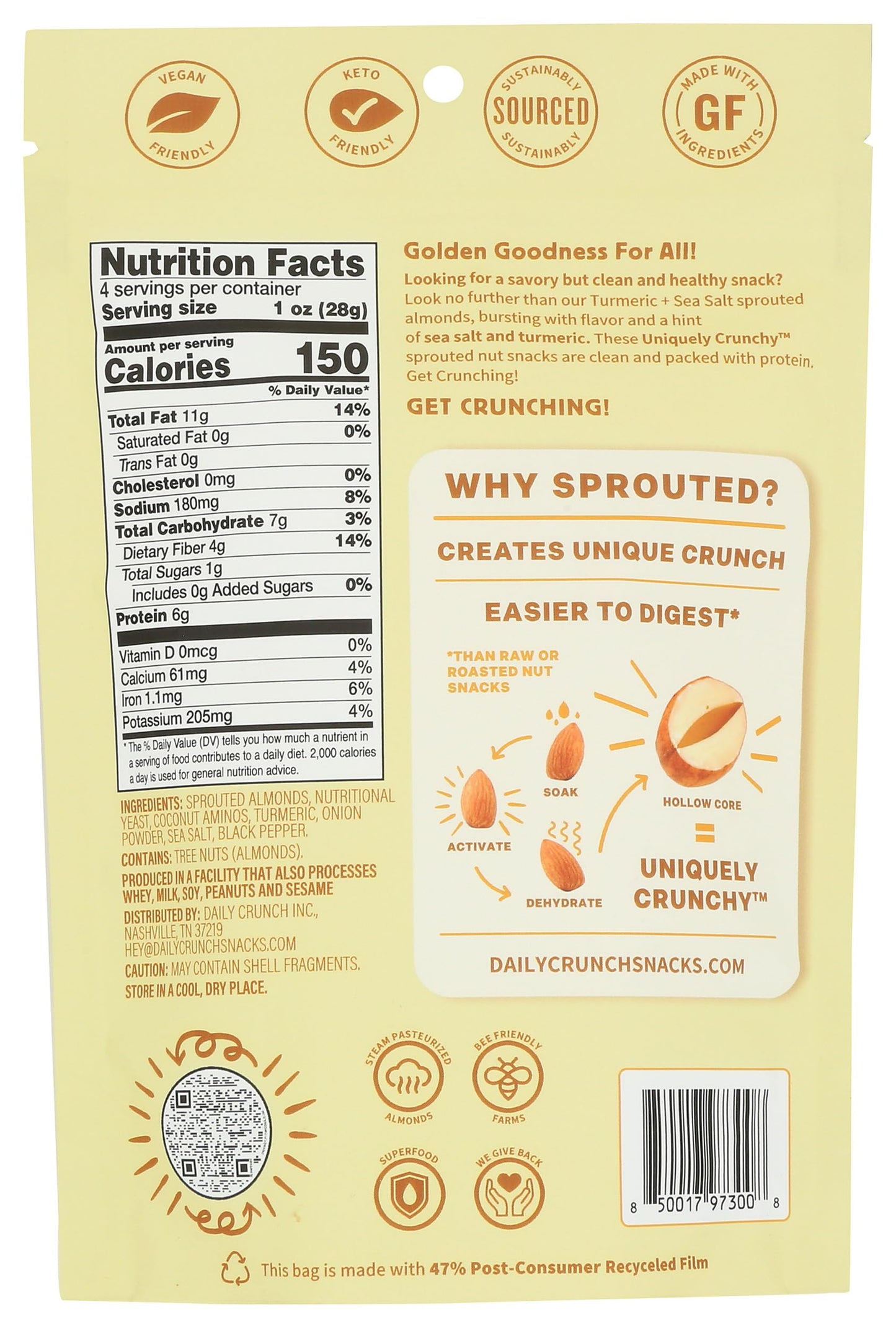 Daily Crunch Sprouted Almonds, 5 Ounce Resealable Bags (Golden Goodness, 2 Pack) - Savory Spices, Sea Salt And Turmeric, Sproute