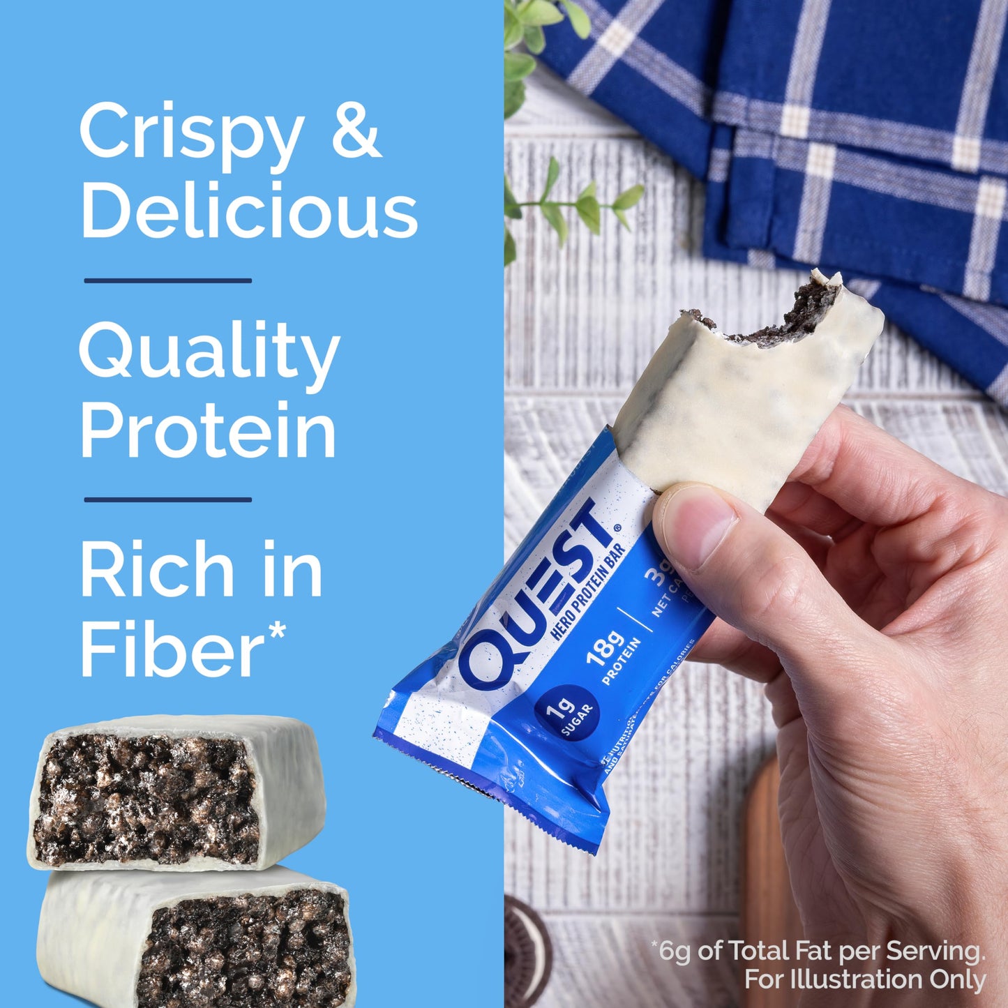 Quest Nutrition Crispy Cookies & Cream Hero Protein Bar  18g Protein  1g Sugar  3g Net Carb  Gluten Free  Protein Snack  Keto Friendly  4 Count