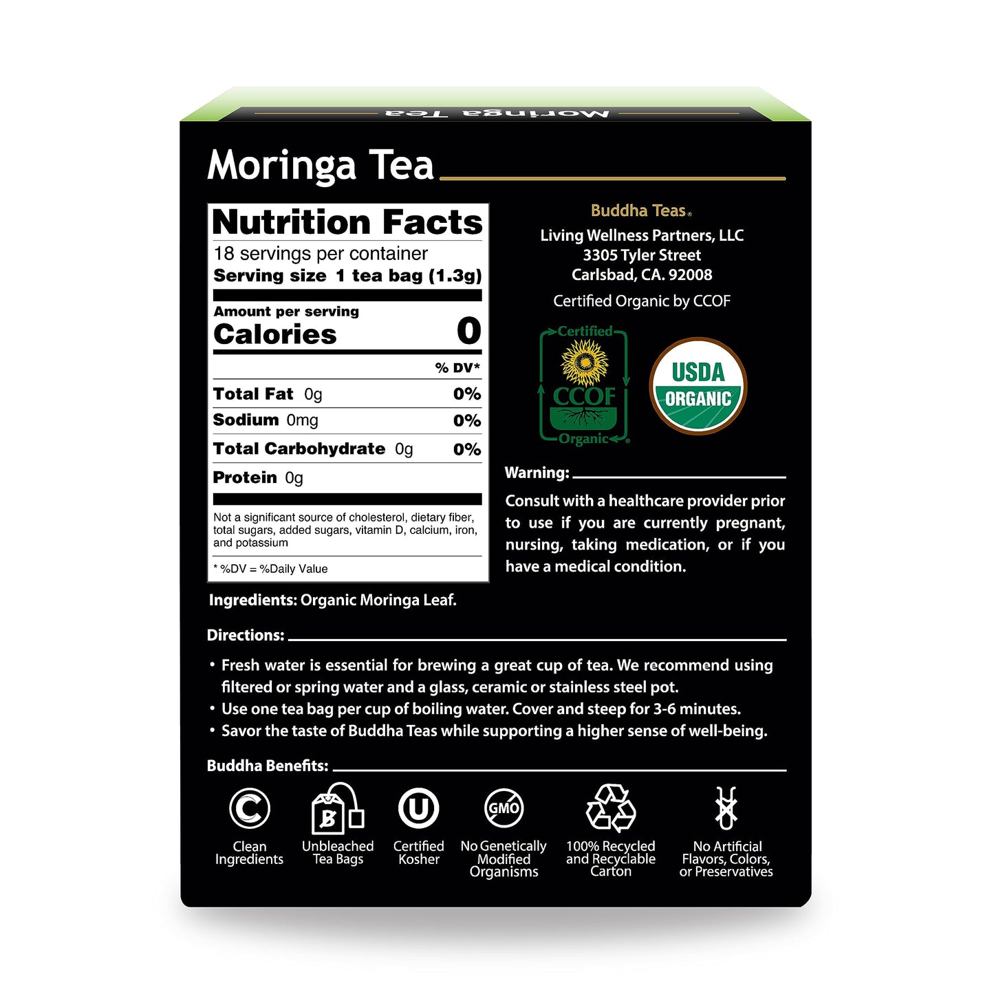 Buddha Teas Moringa Herbal Tea - Caffeine Free, Natural Ingredients - 18 Count (Pack of 1)