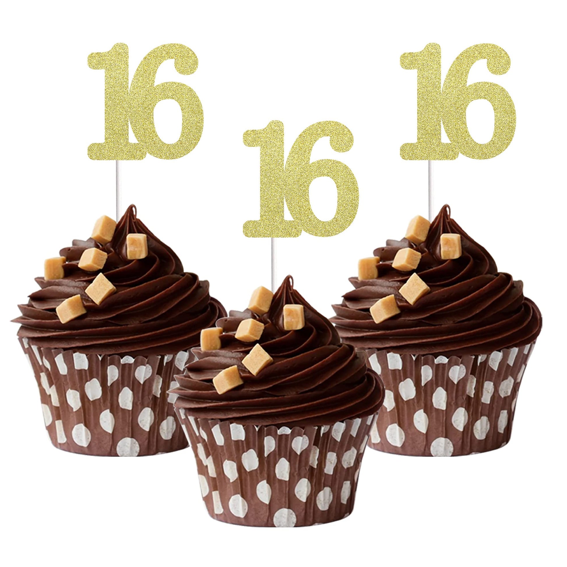 Sumerk 24PCS Number 16 Cupcake toppers Gold Glitter 16th Birthday Cupcake Picks Anniversary Party Decorations