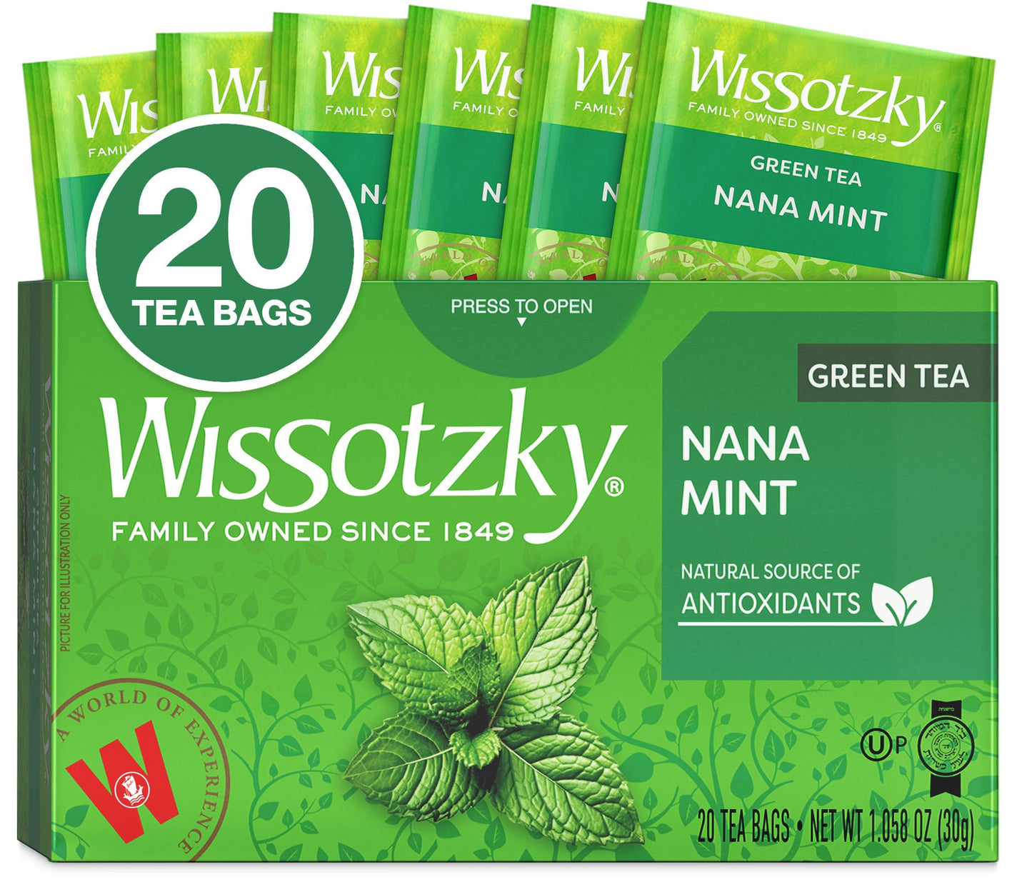Wissotzky Nana Mint Green Tea, 20 Tea Bags | Antioxidant Rich | Moroccan Mint Tea Bags | Revitalizing Nana Tea