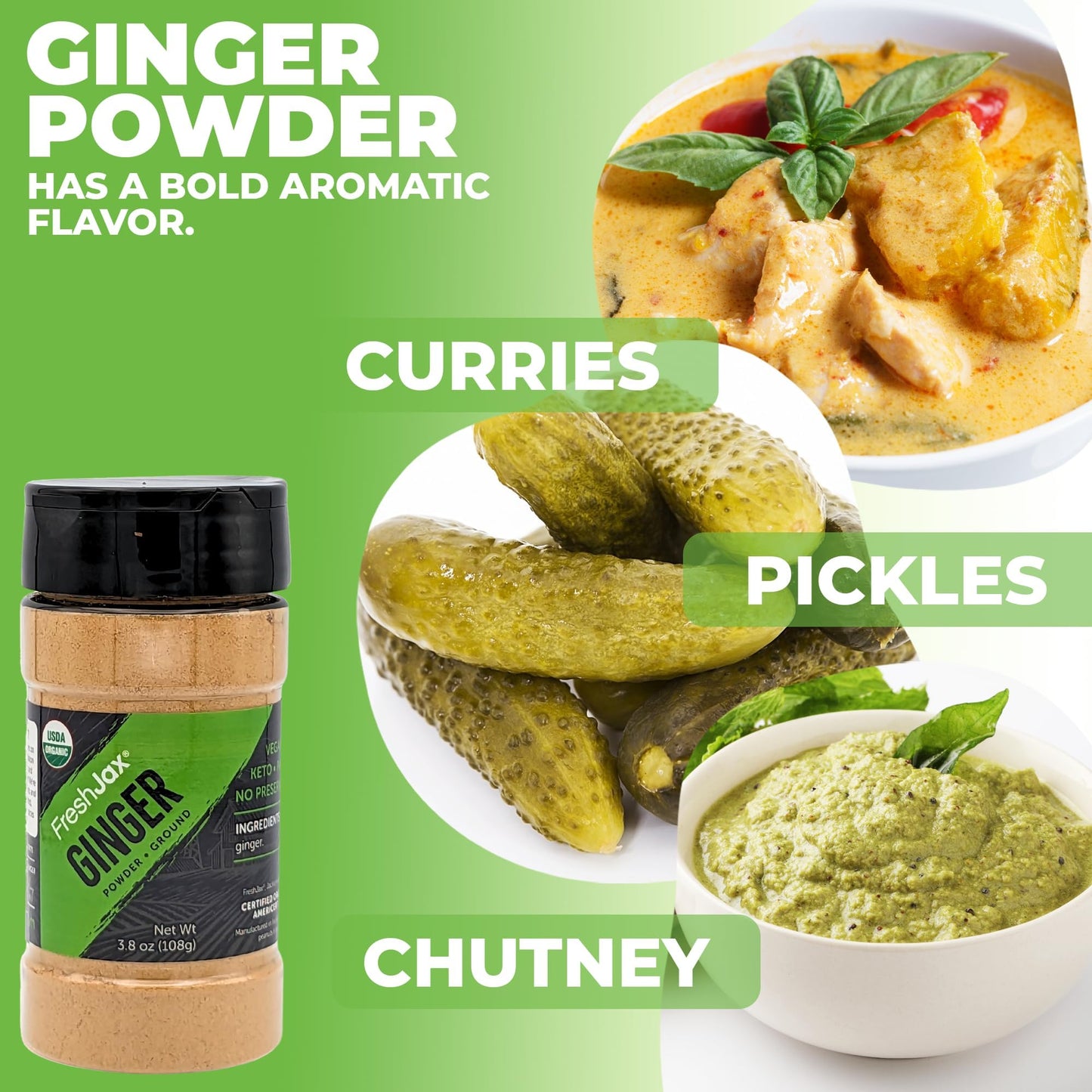 FreshJax Organic Spices Ginger Root Powder - Certified Organic, Gluten-Free, Kosher, 3.8oz Bottle