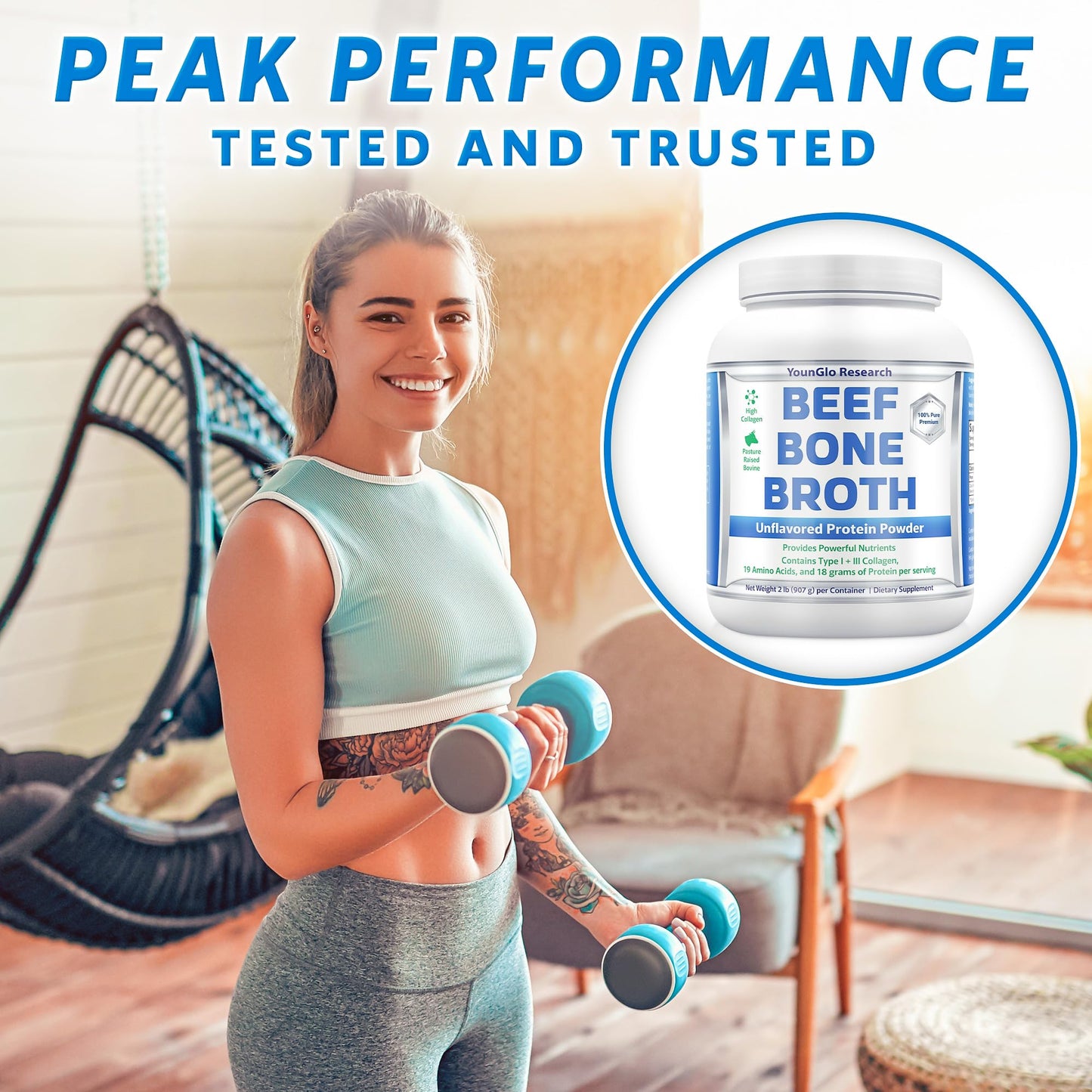 YounGlo Research Bone Broth Beef Protein Powder - Unflavored, 2 lb, High Collagen from Grass Fed Bovine - Paleo & Keto Friendly