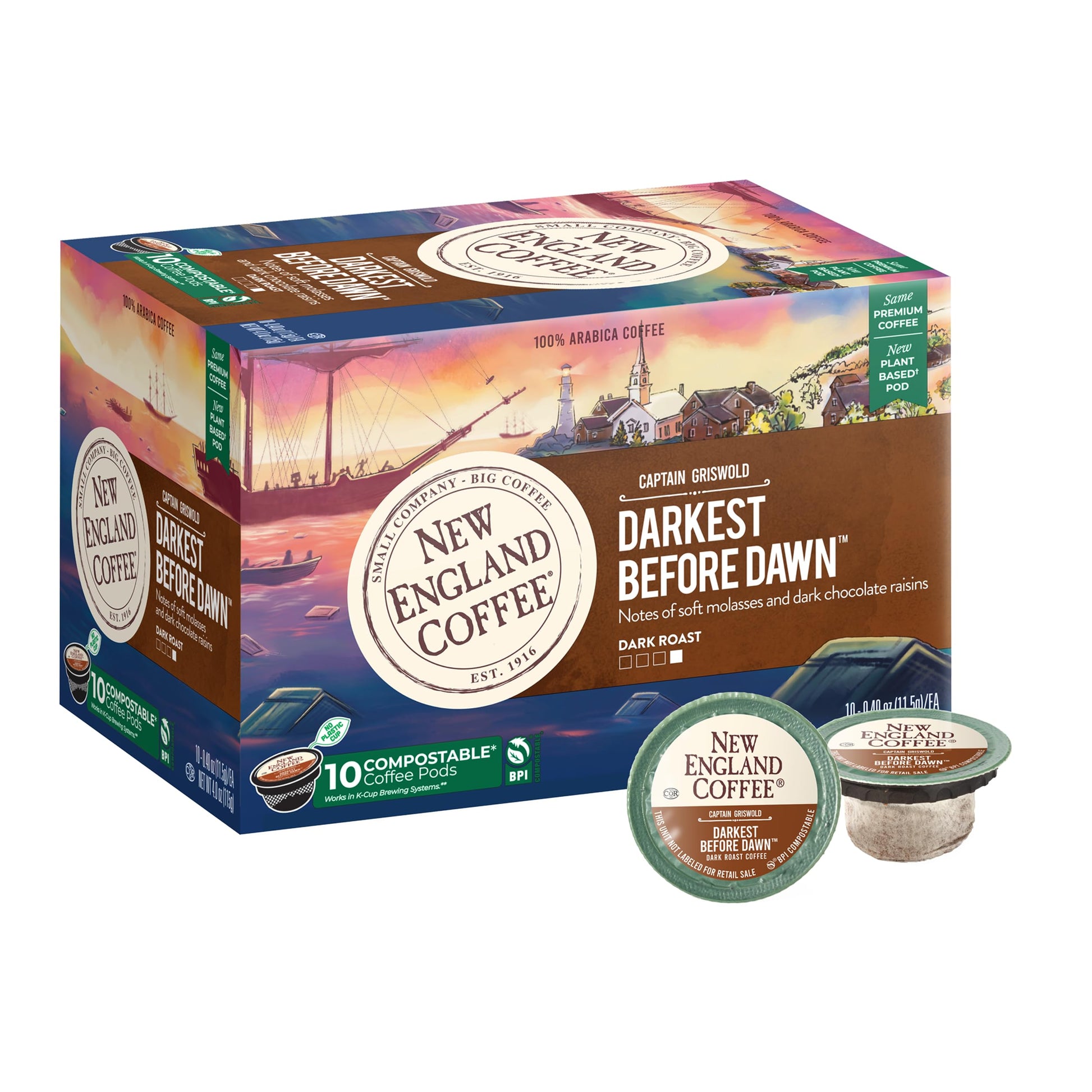 New England Coffee Darkest Before Dawn Dark Roast Pods, 10ct Box, Pack of 6
