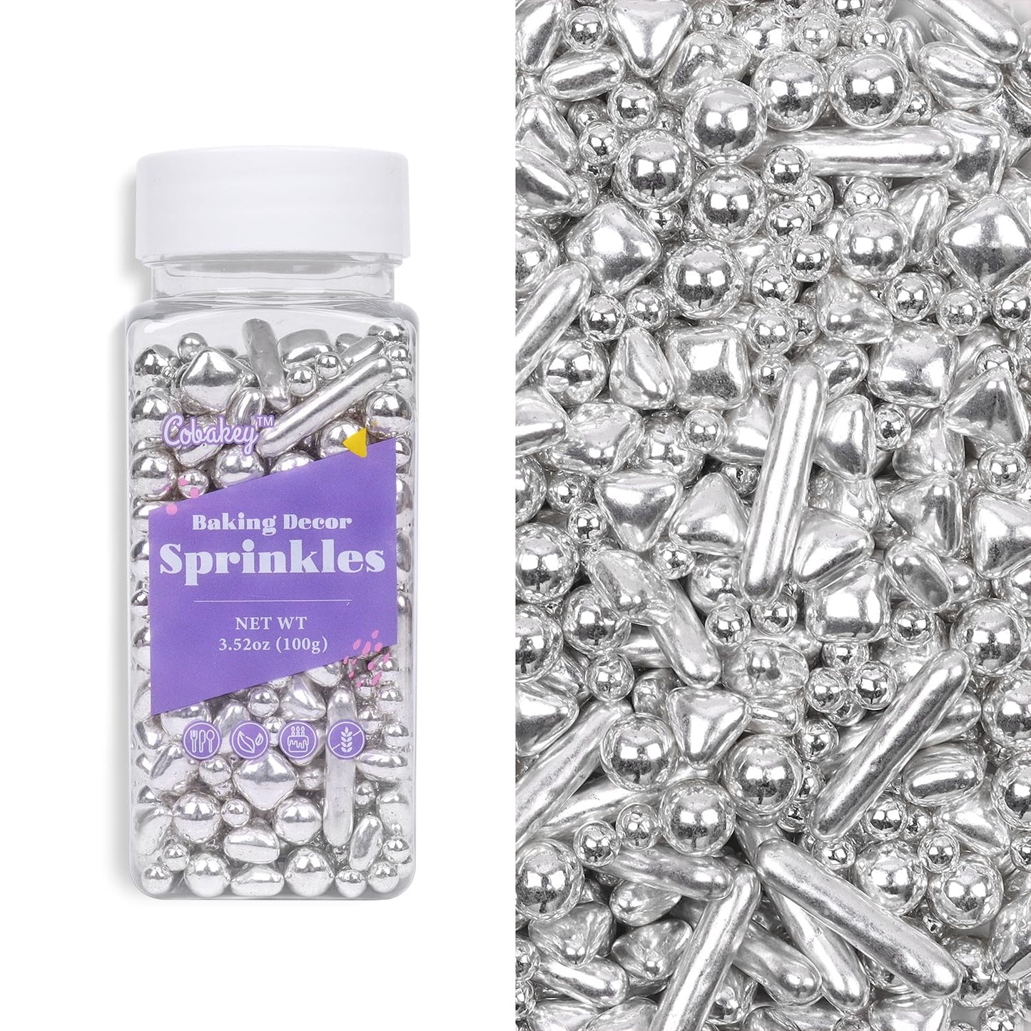 Cobakey Bright Silver Sprinkles For Cake Decorations 3.52 Ounce Silver Pearl Sugar Sprinkles For Cupcake Toppers Wedding Party V