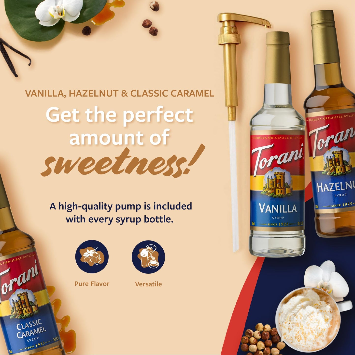 Torani Syrups, Classic Caramel, Hazelnut, And Vanilla Syrup Variety 3-Pack, Coffee Syrups For Drinks, Pumps Included, 25.4 Fl Oz