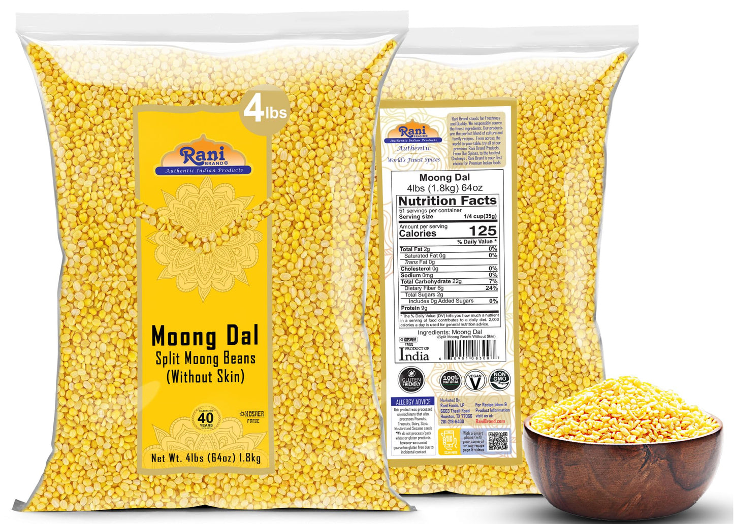 Rani Moong Dal (Split Mung Beans Without Skin) Lentils Indian 64Oz (4Lbs) 1.81Kg Bulk ~ All Natural | Gluten Friendly | Non-Gmo | Kosher | Vegan | Indian Origin