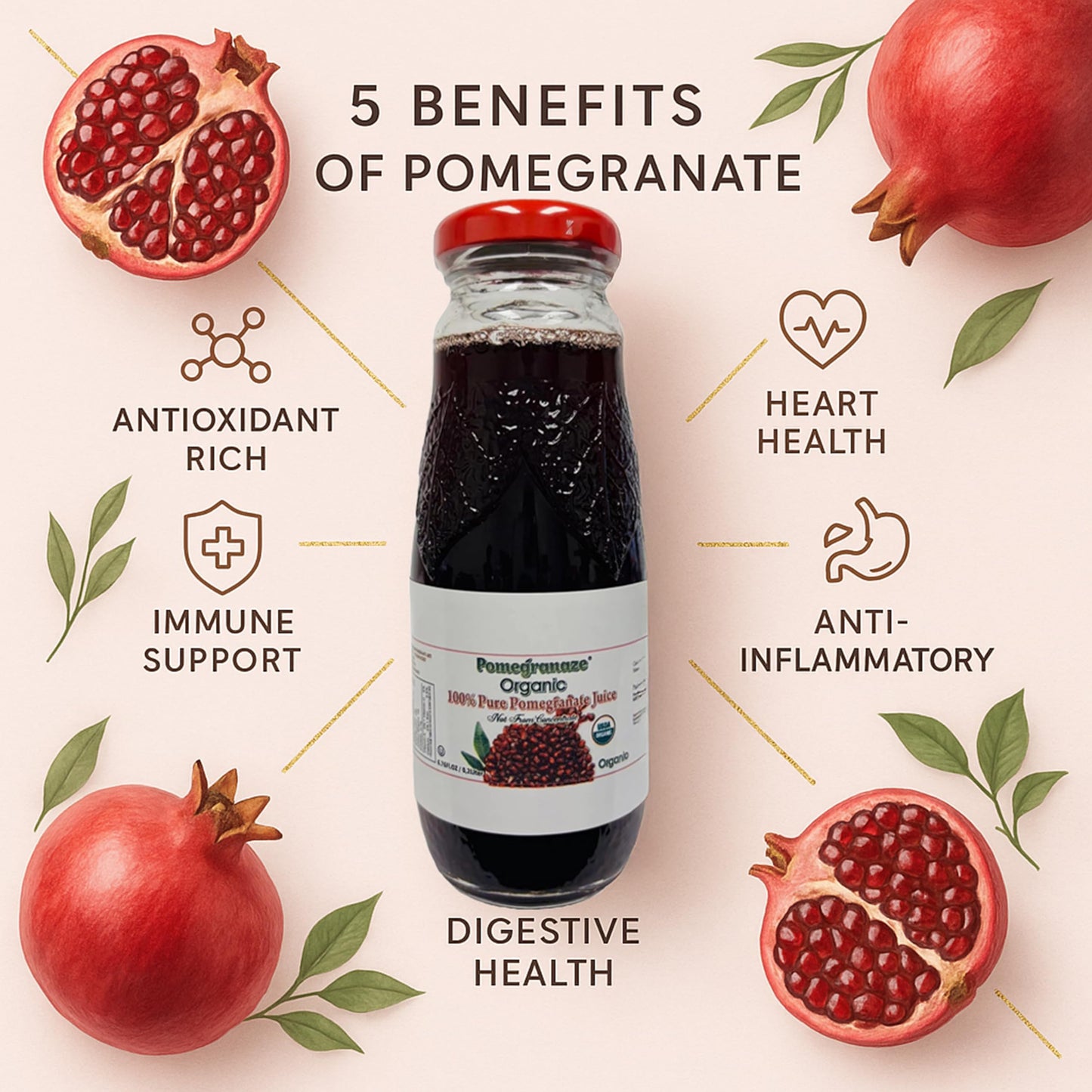 100% Organic Pomegranate Juice, 6.7 Oz Glass Bottle (6 Pack) No Sugar, No Artificial Colors, No Preservatives, No Flavors Added,