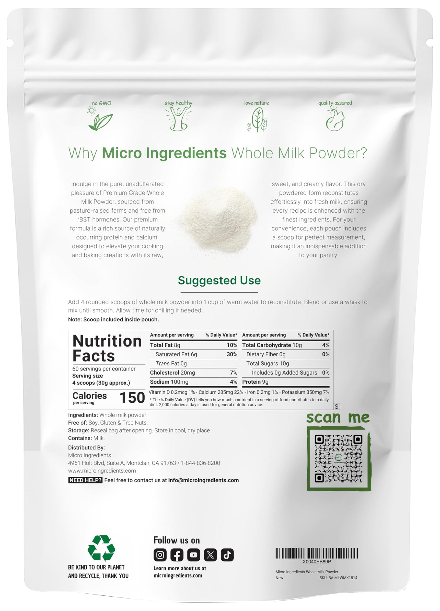 Micro Ingredients Whole Milk Powder, Non-GMO, 64 Ounce, rBST   Free, Premium Grade for Baking