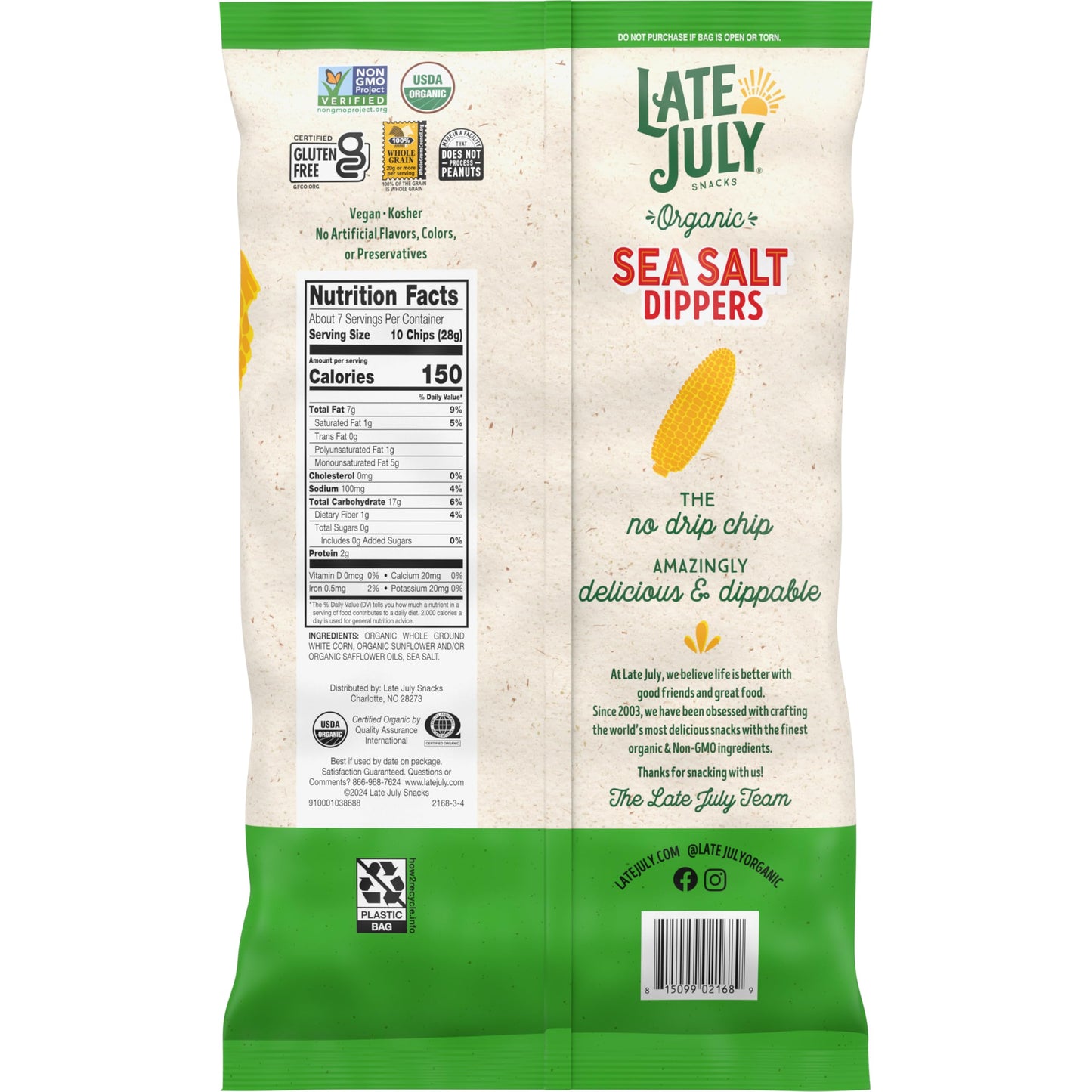 Late July Sea Salt Dippers Organic Tortilla Chips, 7.4 Oz Bag