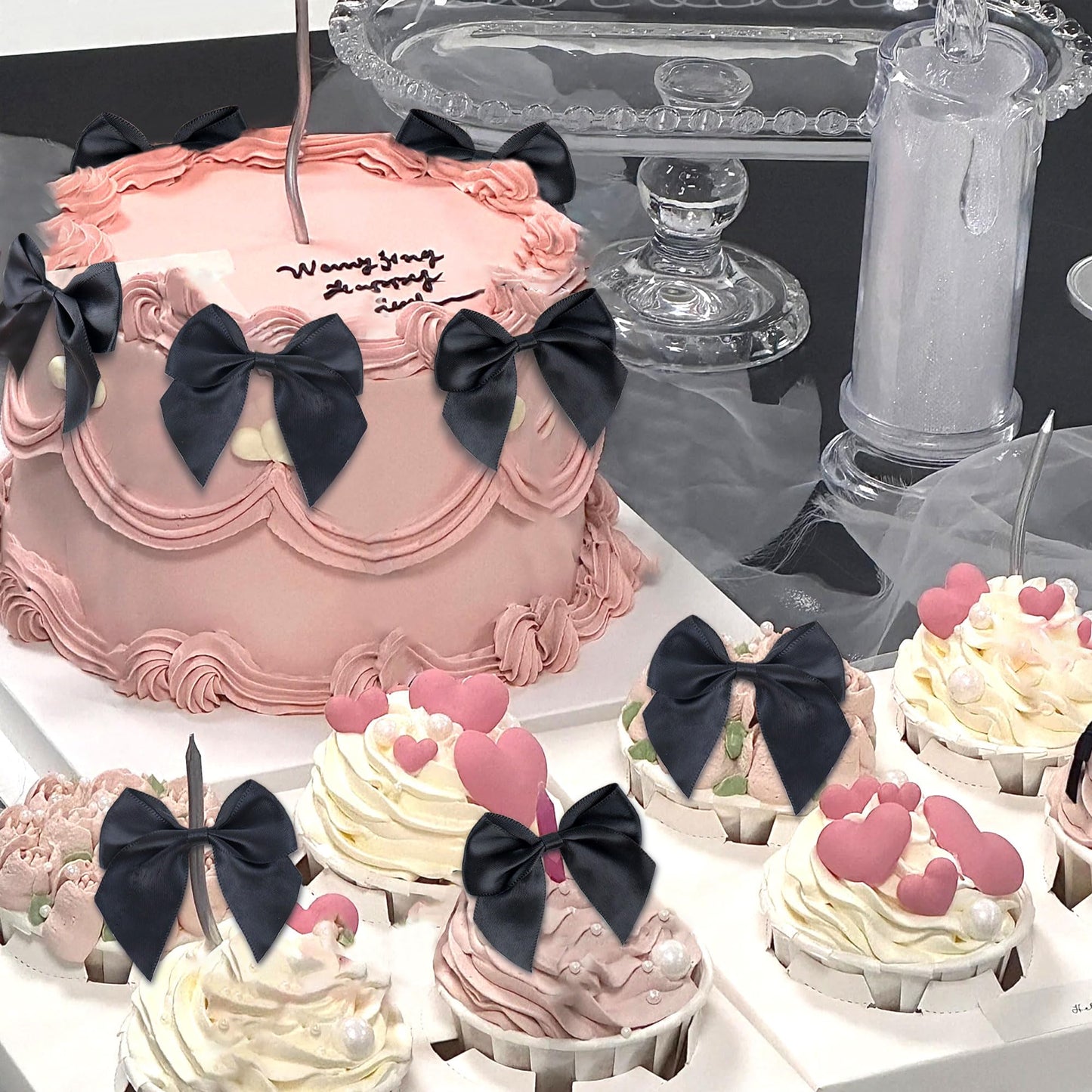Keaziu 20 Pack Bow Cupcake Toppers, Fabric Glitter, 2x0.05, Black 2, Birthday Party Decorations, Bridal Cake Picks