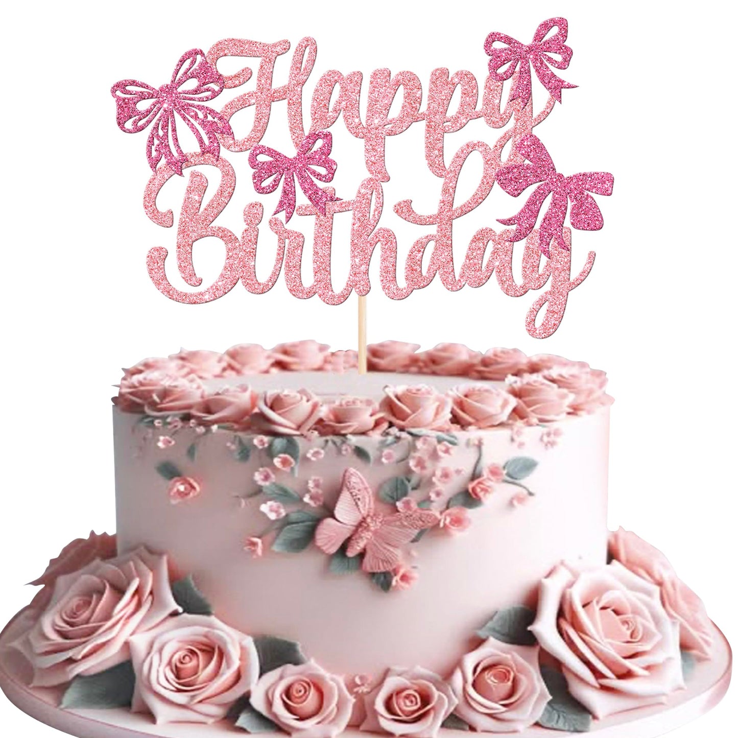 YCTHUNFISH Bowknot Cake Topper for Wedding & Birthday, Light Pink, Princess Theme Decoration