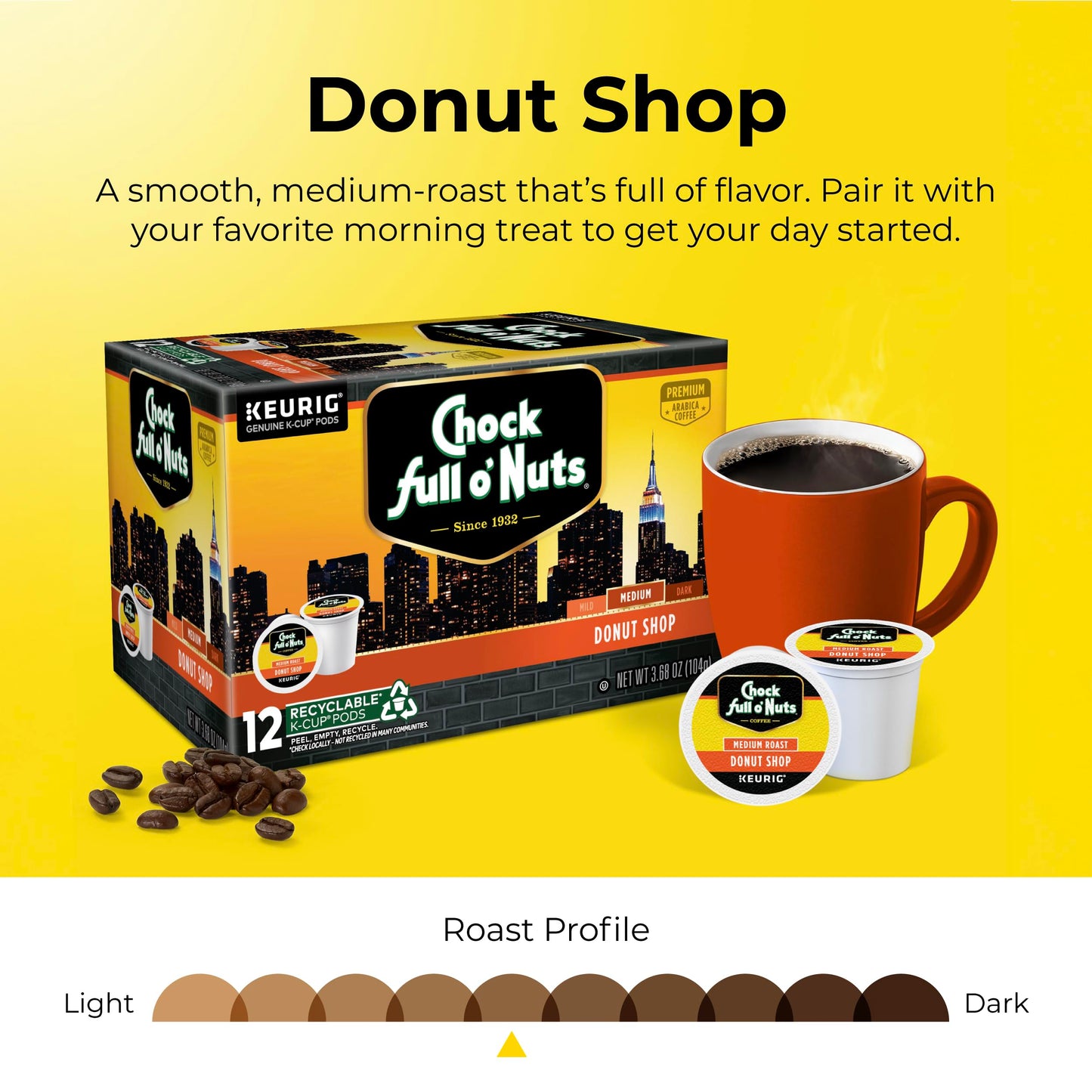 Chock Full o Nuts Donut Shop Coffee K-Cup Pods, 12 Count, Single-Serve Cups