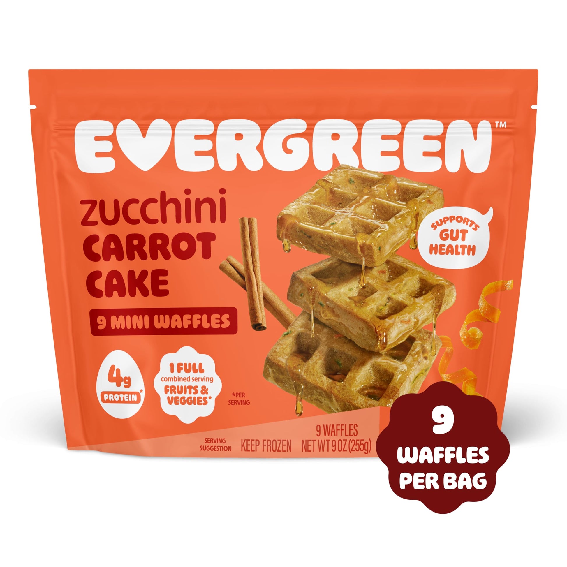 Evergreen Zucchini and Carrot Cake Waffles, 100% Whole Grain, 1 Full Combined Serving of Fruits & Veggies, Supports Gut Health, 