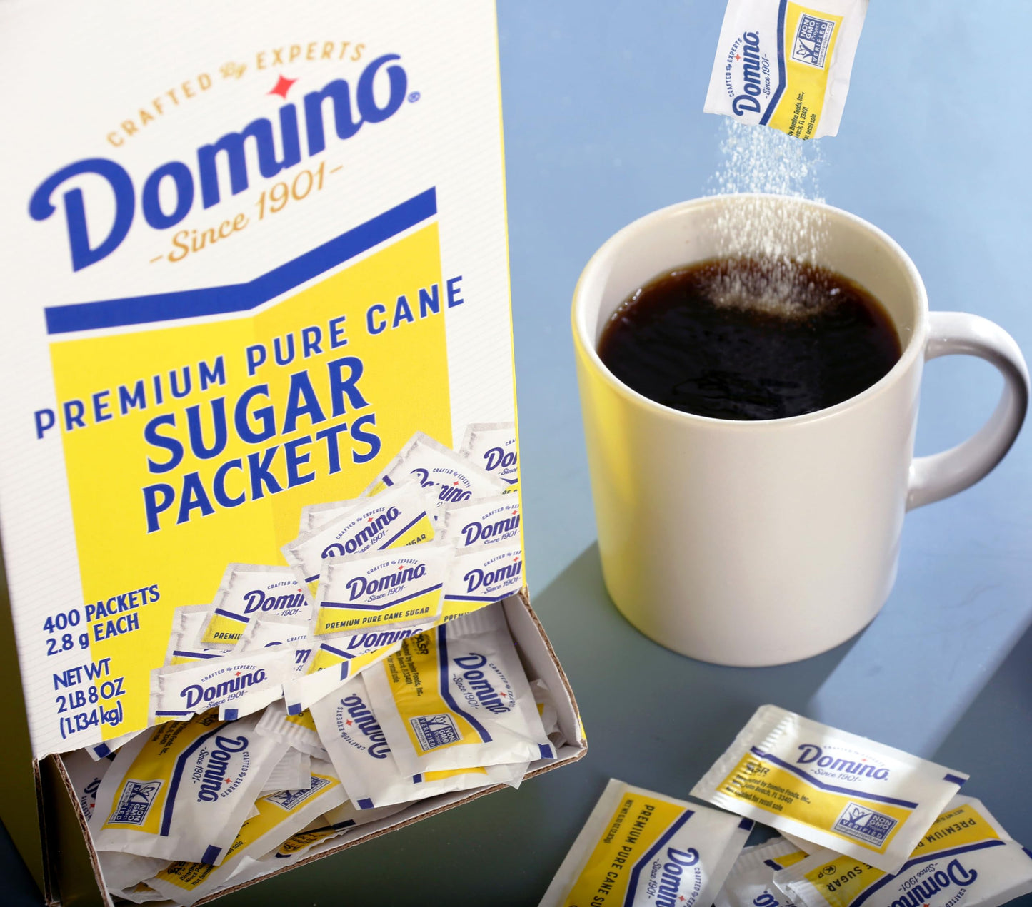 Domino® Sugar Packets, Dispenser Box, 400 Packets, 2.8 g Each, Model TS0417-A700ML-M516