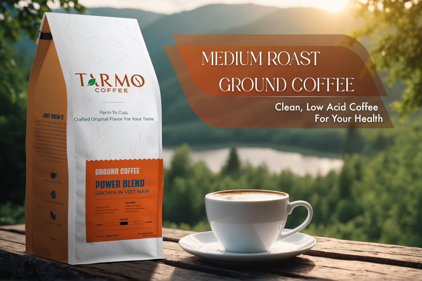 TARMO COFFEE Power Blend Low Acid Ground Coffee, Medium Roast, 12 Oz Bag, Premium Arabica & Robusta Blend