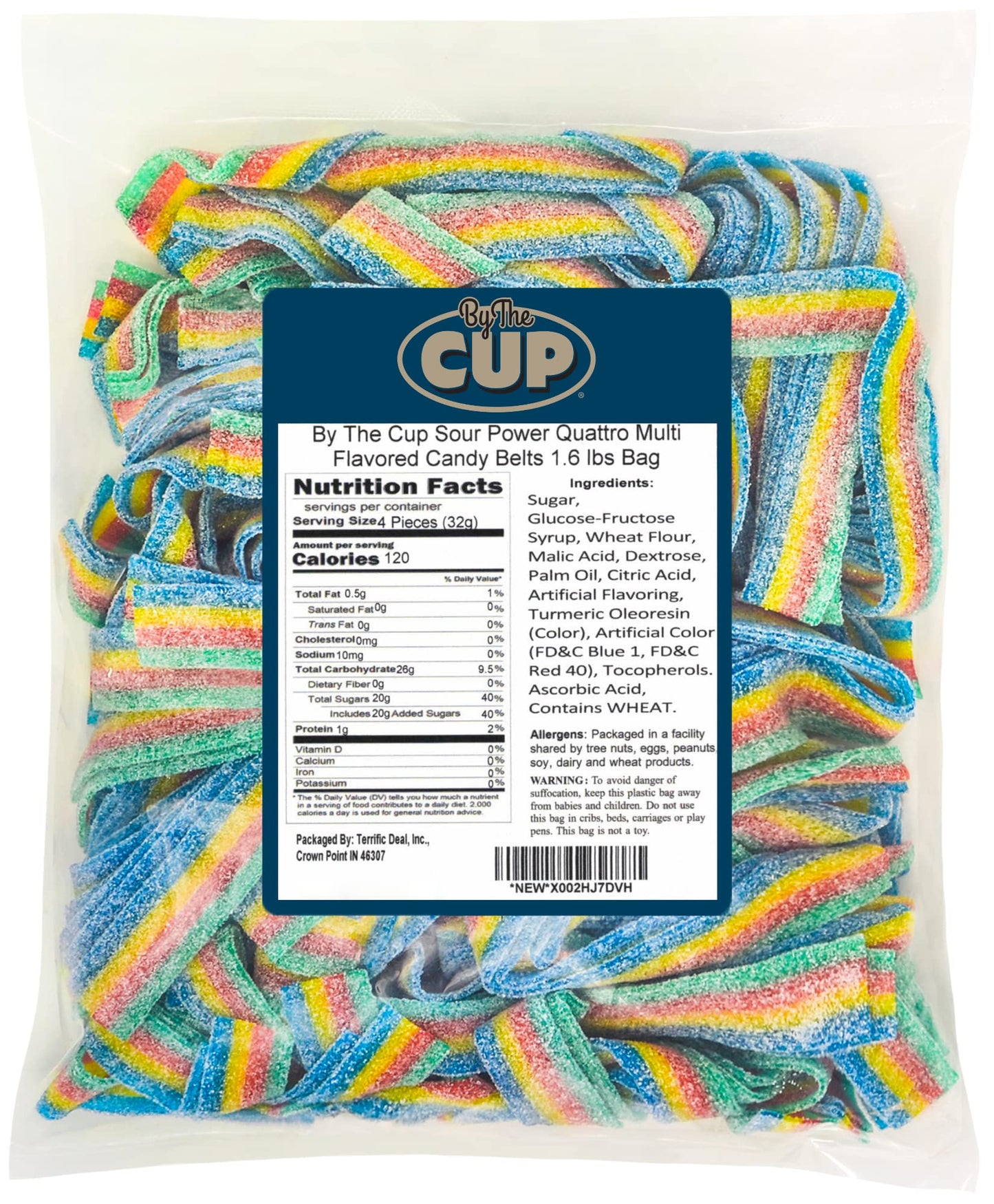 By The Cup Sour Power Quattro Multi Flavored Candy Belts, 1.6 lb Bulk Bag, Blue