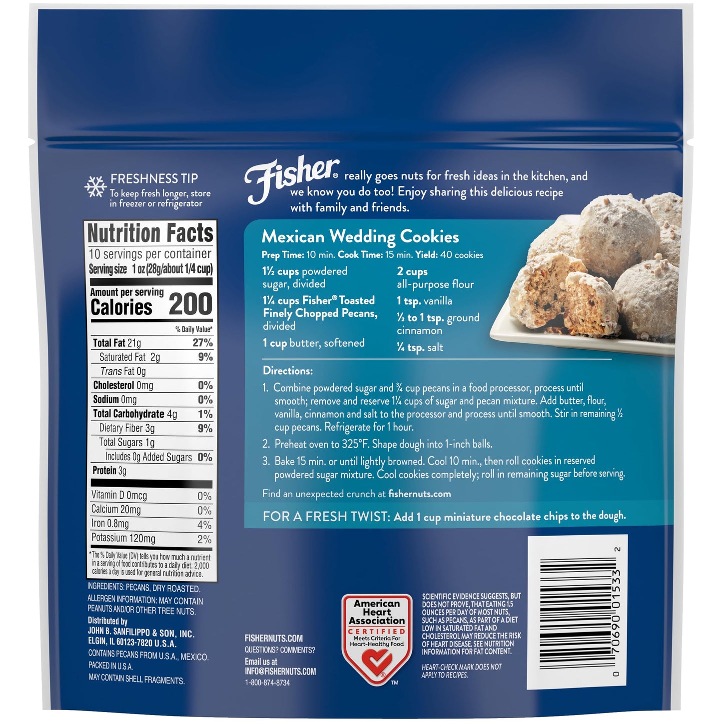 Fisher Unsalted Chopped Pecans, 10 oz Resealable Bag, Vegan Protein, Gluten Free, Brown