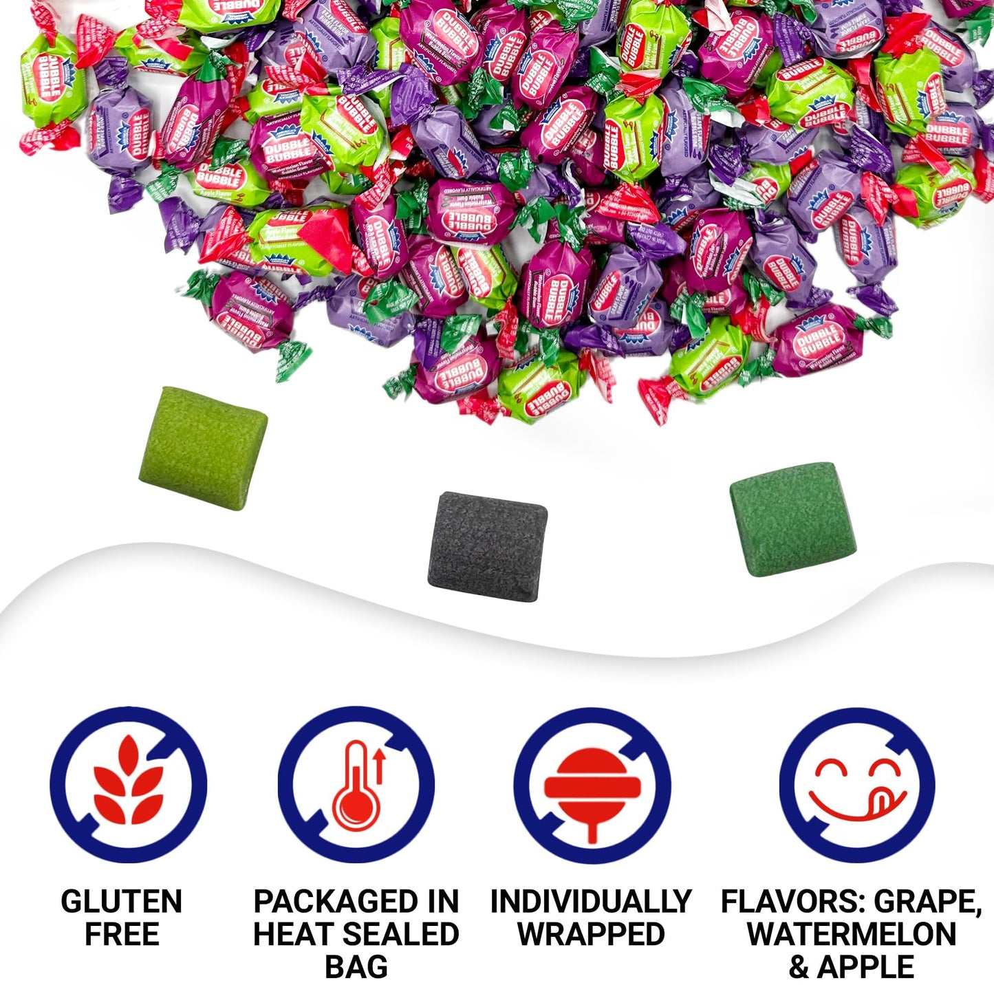 Dubble Bubble Assorted Fruit Flavor Gum - 1 Pound Bulk Bag of 3 Flavor Individually Wrapped Bubble Gum - G  Watermelon  Apple - Chewing Bubble Gum Holiday Candy(Approx. 70 Pieces)