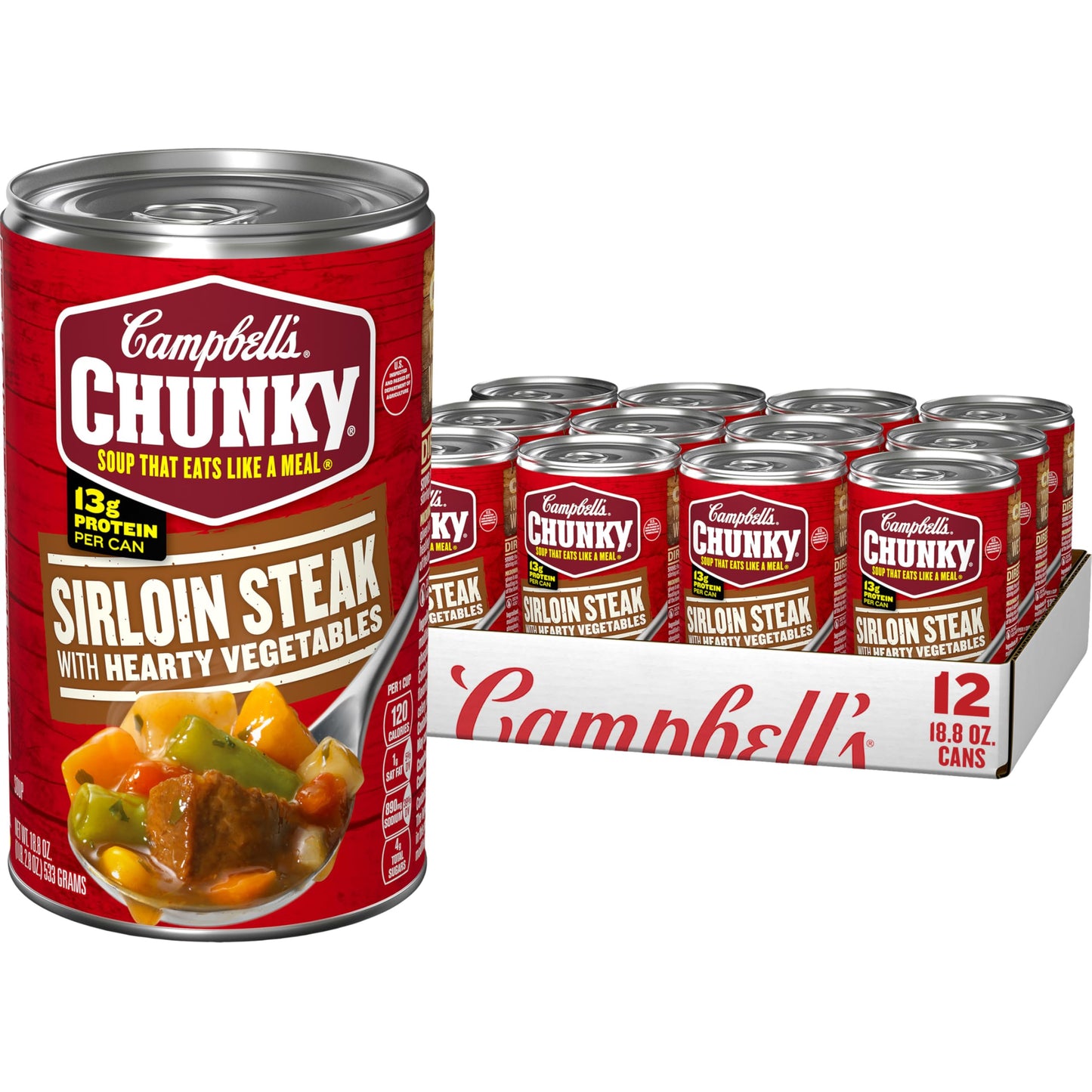 Campbells Chunky Soup, Sirloin Steak With Hearty Vegetables Soup, 18.8 Oz Can (Case of 12)
