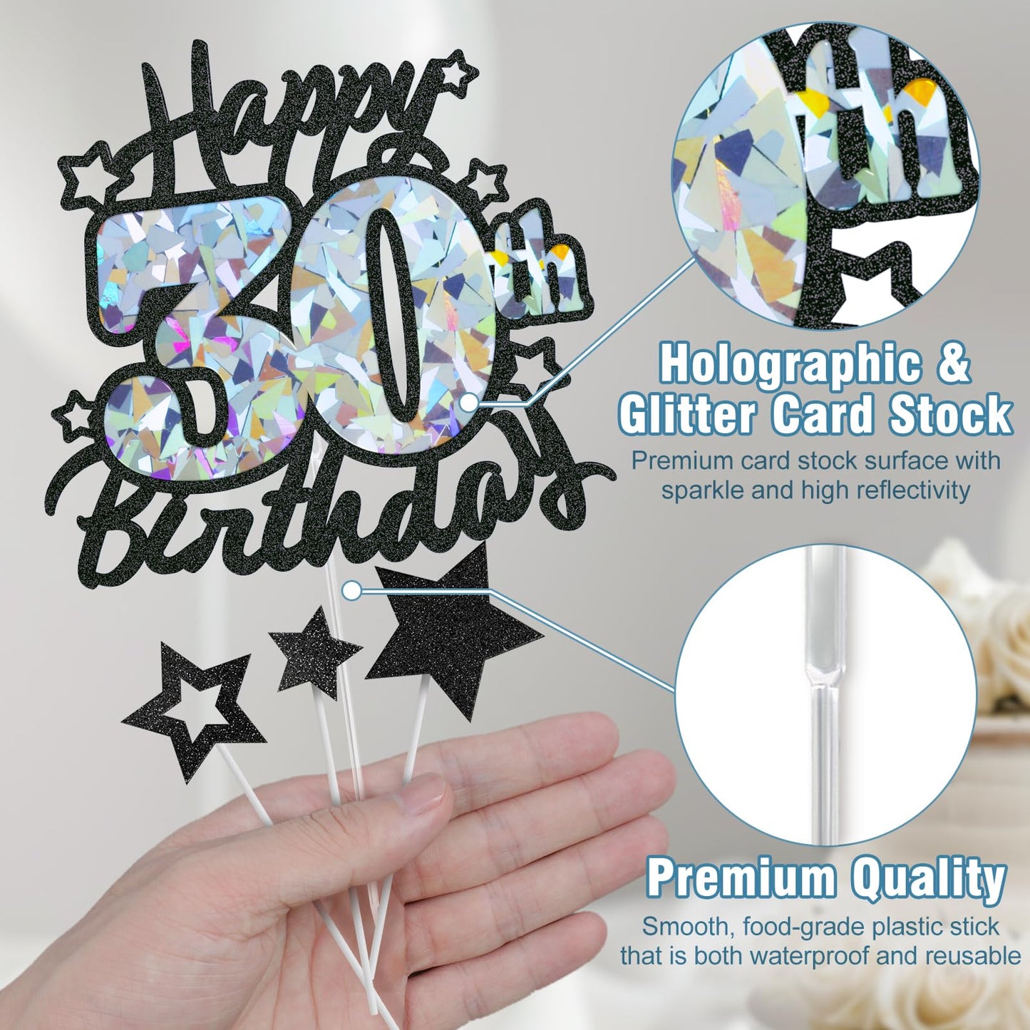 Happy 30Th Birthday Cake Topper, Black Glitter And Gem Patterns Card Stock Cake Toppers, 30 Year Birthday Party Cake Decoration