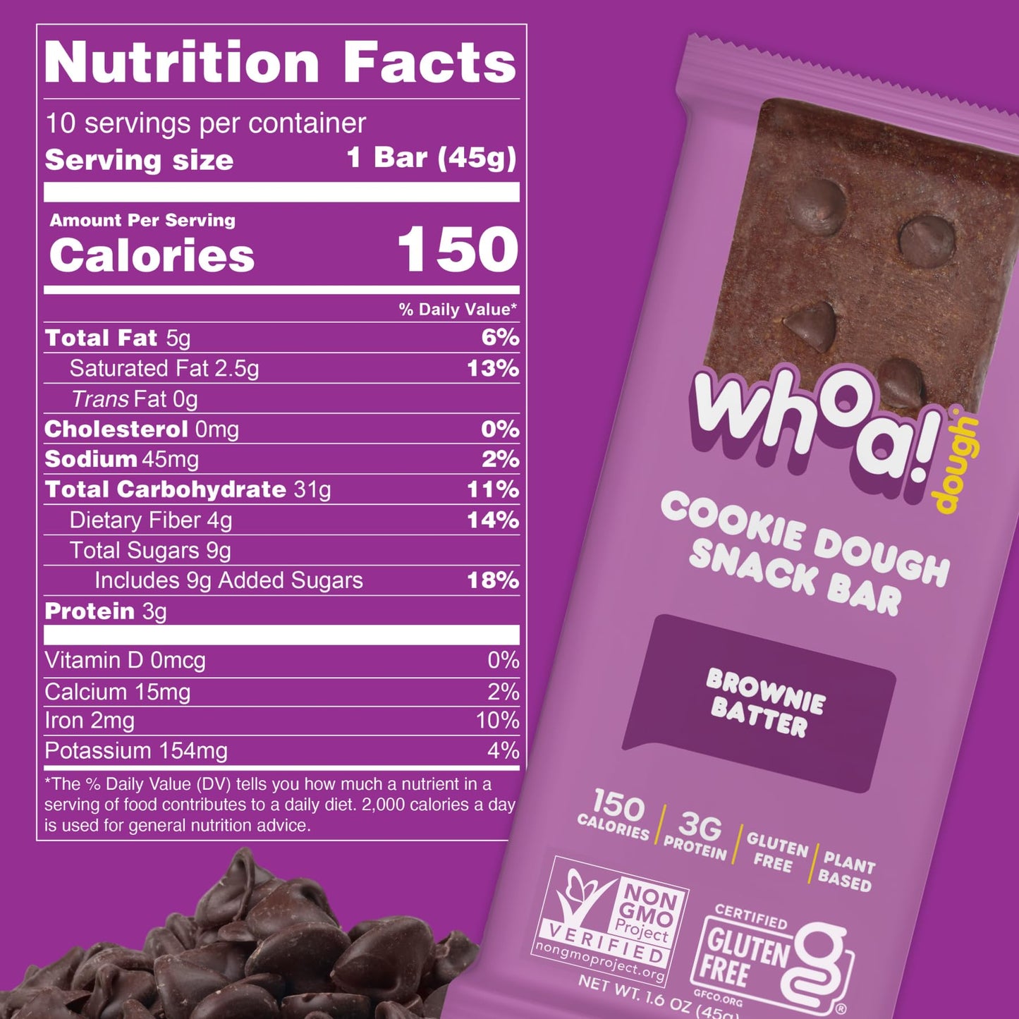 Whoa Dough Edible Cookie Dough Bars- Certified Non-Gmo, Kosher And Gluten Free Bars - Healthy Snack Foods - Plant Based Snacks Made With Real Ingredients - Brownie Batter Cookie Dough - 10 Pack