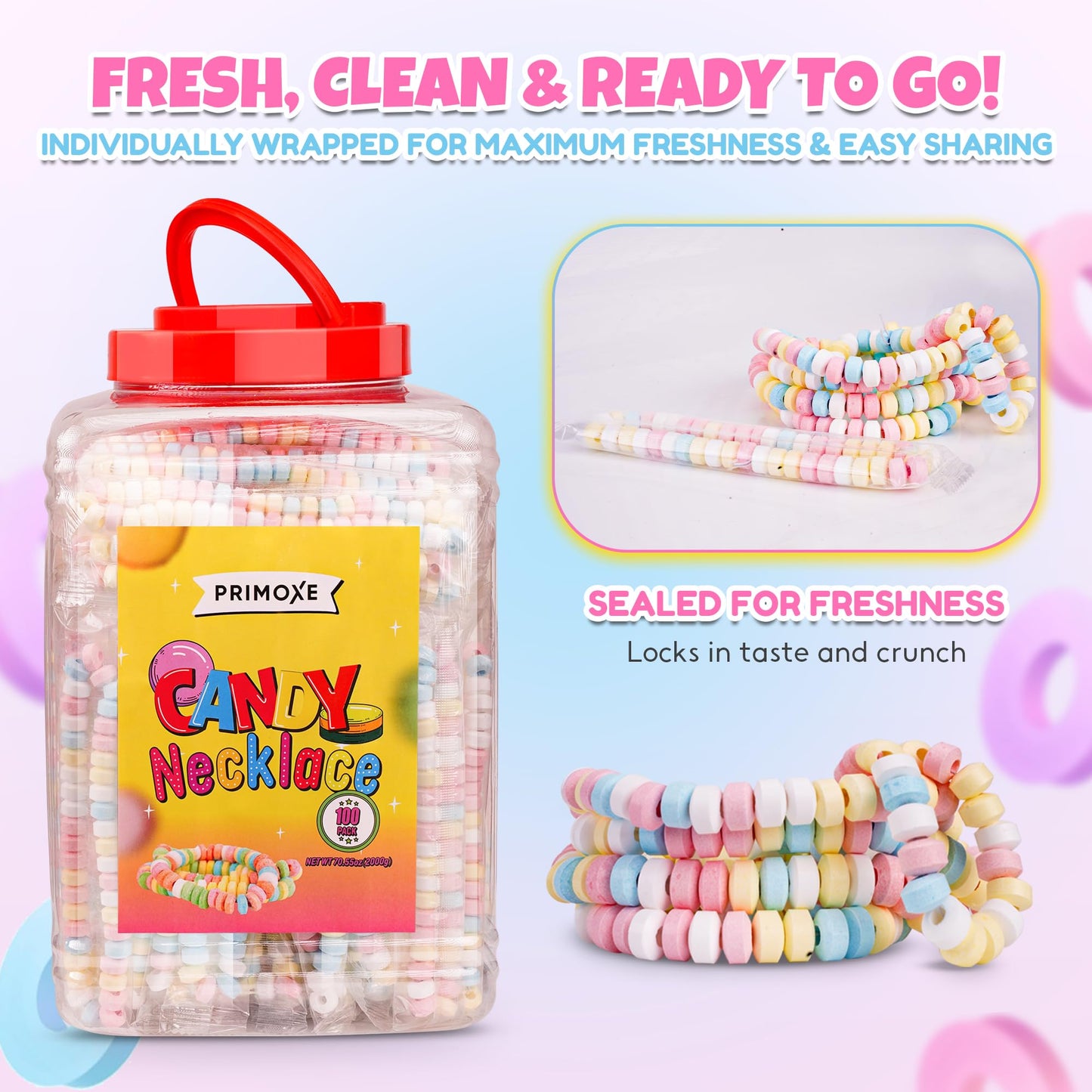 100 Pack Candy Necklaces Individually Wrapped - Bulk Candy - Edible Jewelry for Kids, Party Favors, 80s Nostalgic Treats, Pinata