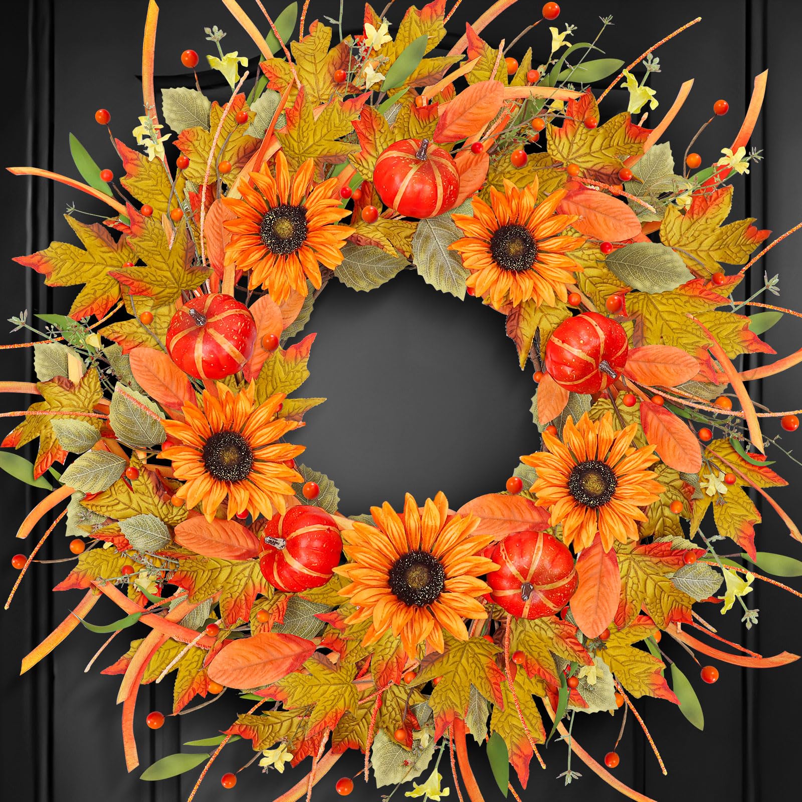 ICX 24 Inch Fall Wreath - Sunflower Pumpkin, Berry & Leaf, Plastic, Orange, Model 05, Autumn Decor for Front Door