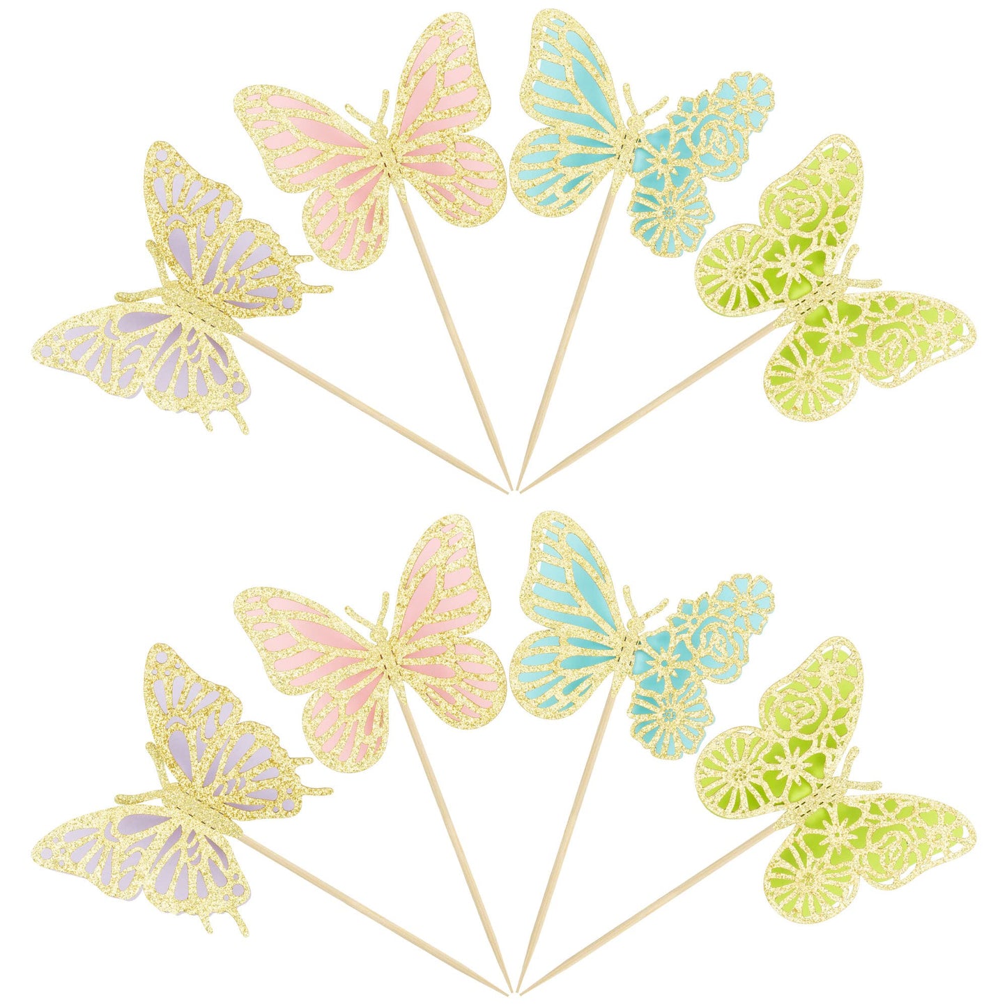 Gyufise 24Pcs Butterfly Cupcake Toppers Assembled Gold Glitter Colorful Double Layers 3D Butterfly Cupcake Picks Butterfly Theme