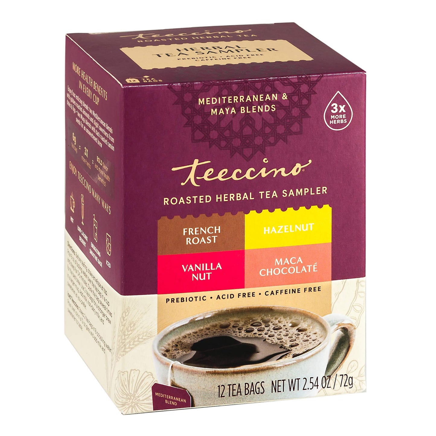 Teeccino Herbal Tea Sampler - 12 Bags, Caffeine Free, Assorted Flavors: Maca Chocolaté, French Roast, Hazelnut, Vanilla Nut