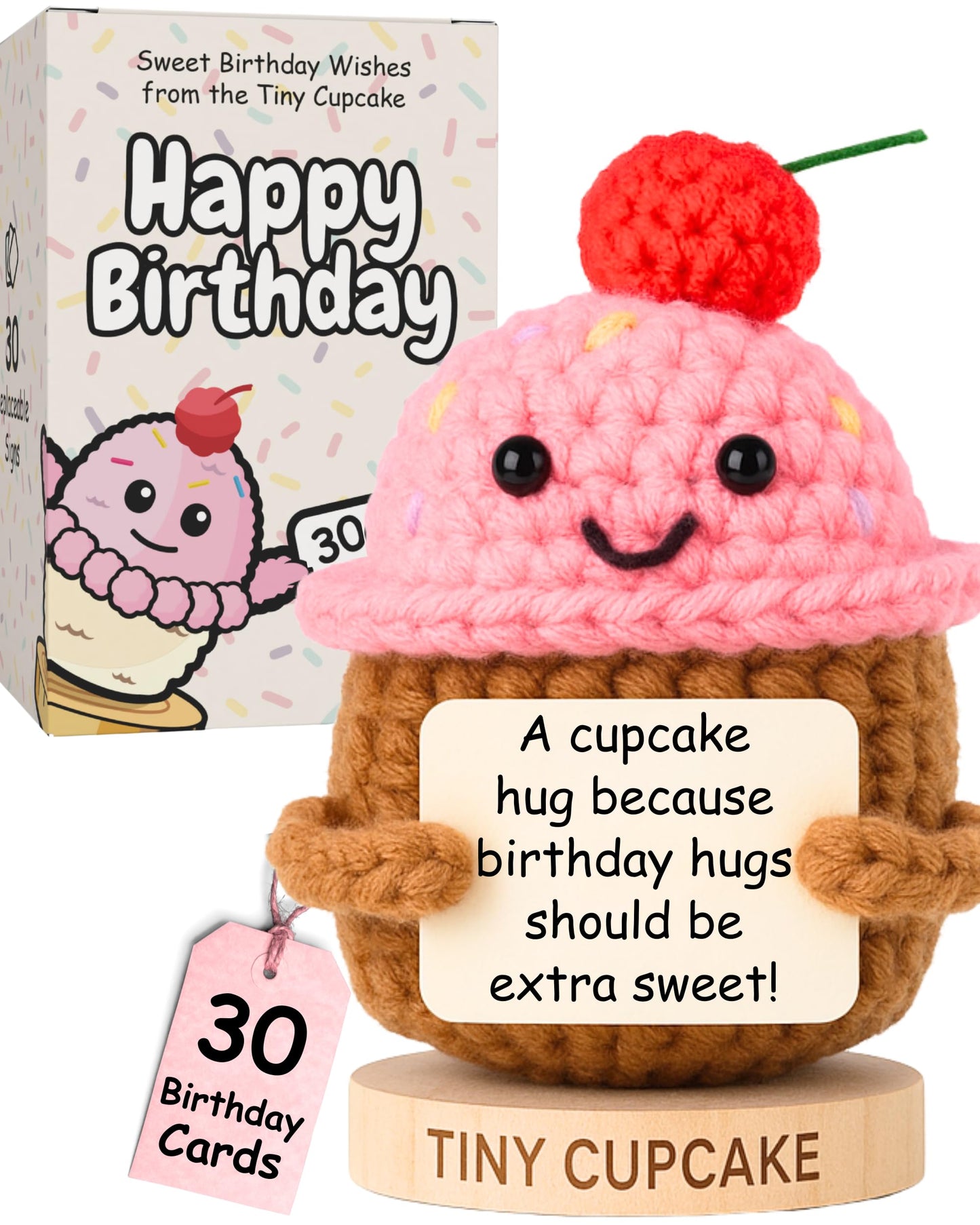 Happy Birthday Cupcake Crochet With 30 Birthday Cards | Funny Gift Idea For Women For 16Th, 21St, 17 Year Old, 30Th Birthdays | Cute Bday Party Decor For Her, Friends, Teens, Coworkers, Sister, Bestie