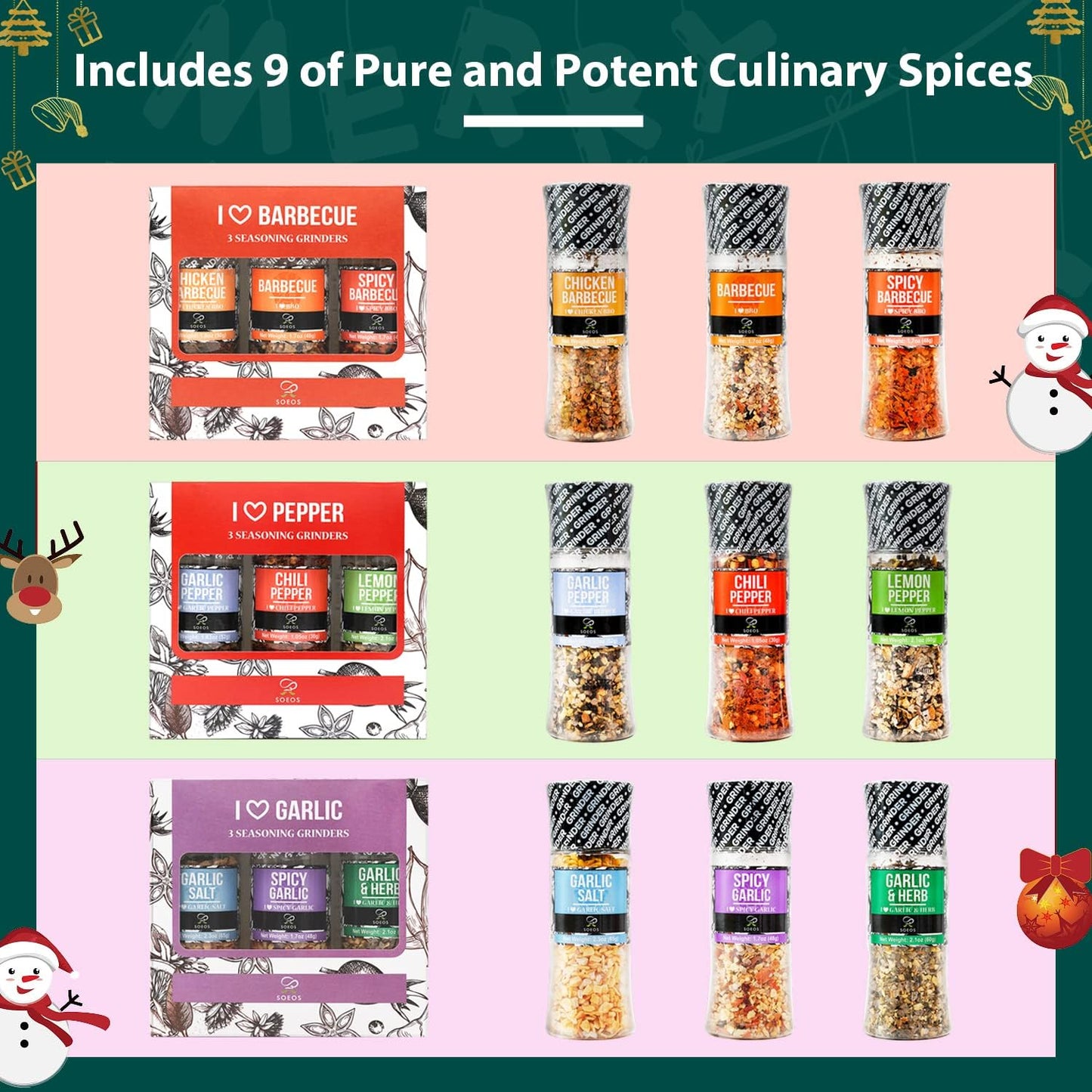Soeos Spice Seasoning Set of 9 with Integrated Grinders, Individual Spice Grinder, Pure and Fresh Perfect for BBQ Seasoning Gift