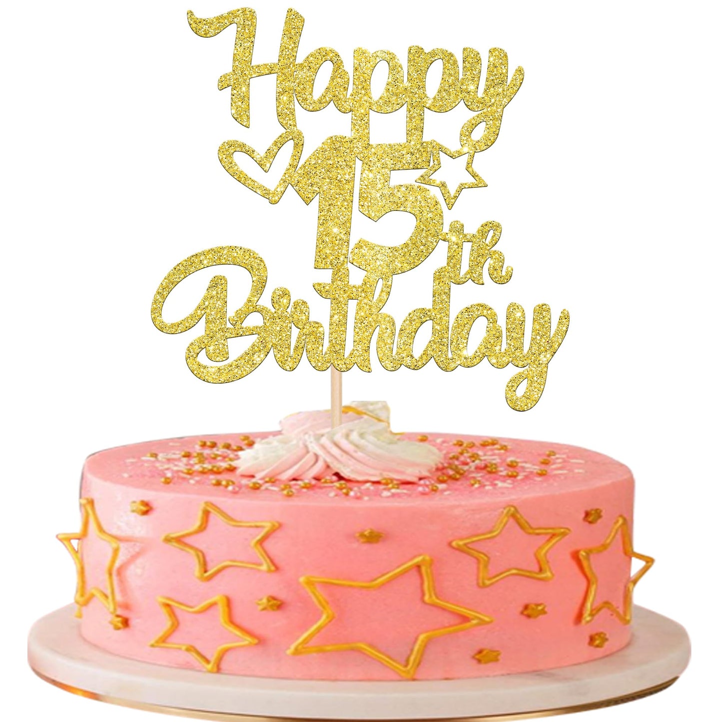 YCTHUNFISH 15th Birthday Cake Topper - Glitter Heart Star Design, Gold, Bamboo