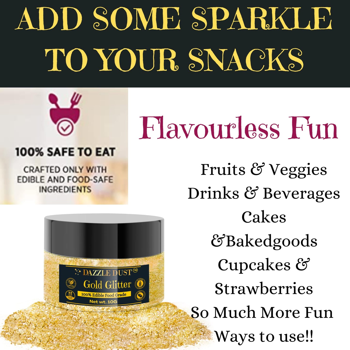 Bulk- 10G - Gold Edible Glitter For Drinks, Gold Sprinkles For Cake Decorating, Cocktails, Gold Luster Dust Edible Glitter For C