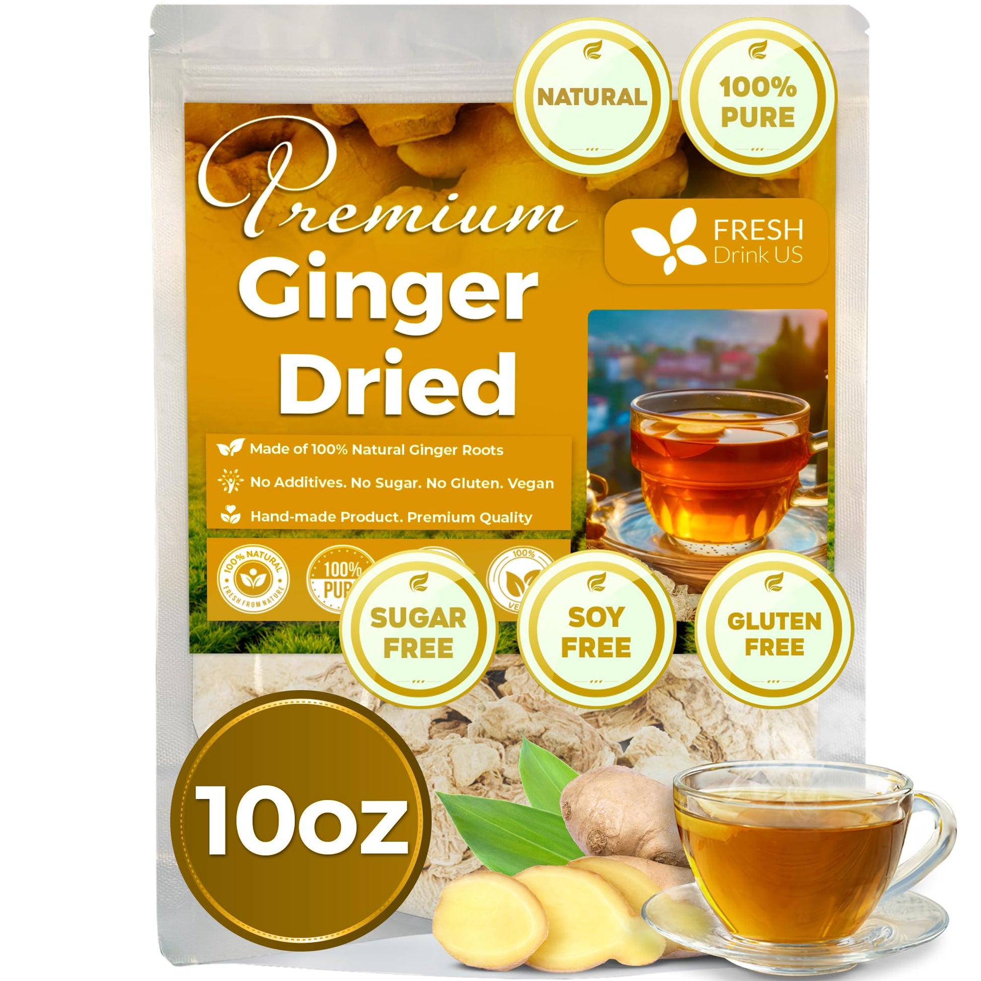 FRESHDRINKUS Premium Ginger Root Tea, 100% Natural & Pure, 10oz, Vegan, Caffeine-Free