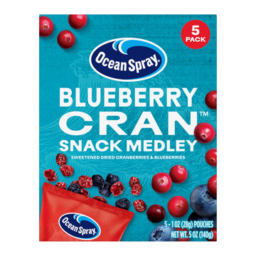 Ocean Spray Blueberry Cran Snack Medley, Cranberry and Blueberry Dried Fruit Snack, 1 Oz Pouches, 5 Count