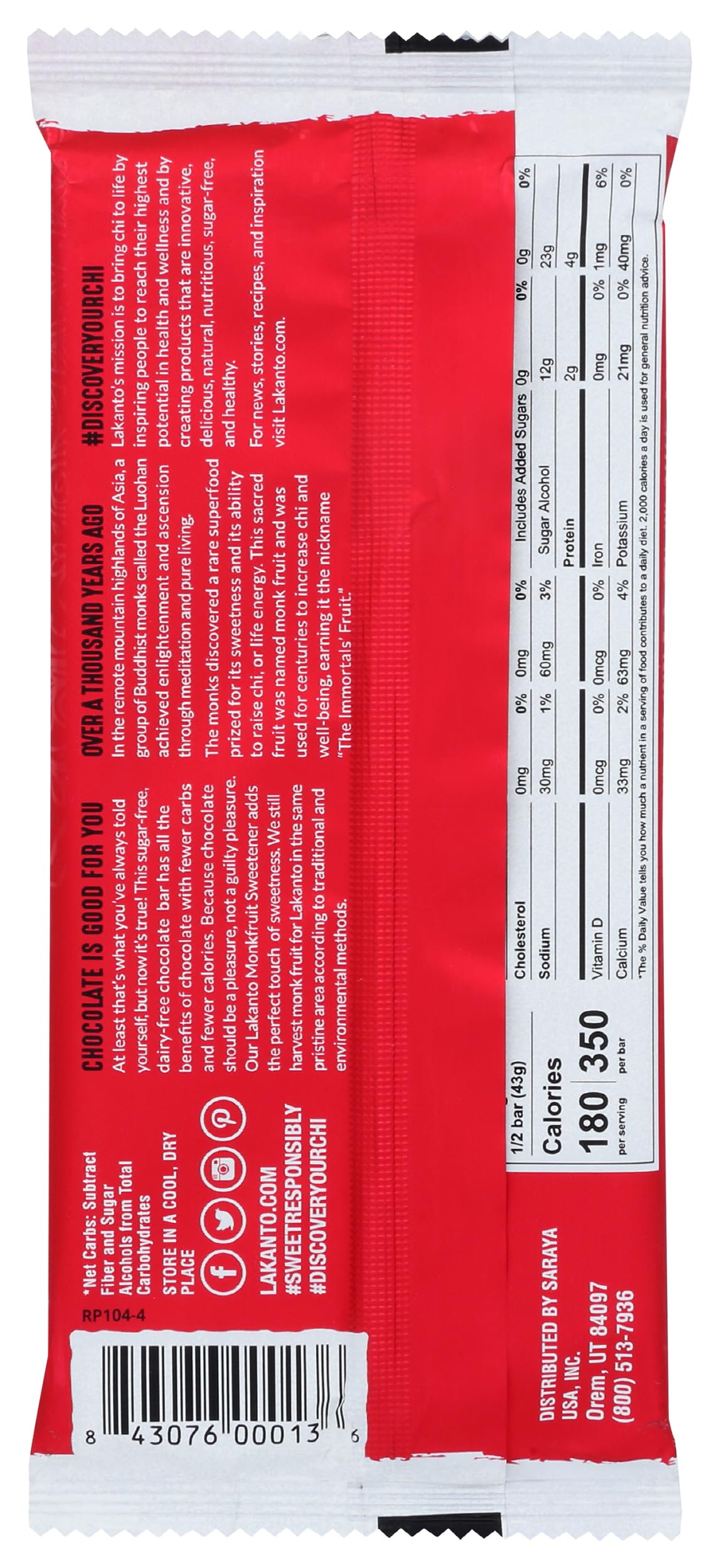 Lakanto Sugar Free Chocolate Bars - Dark Chocolate, Sweetened With Monk Fruit Sweetener, 3G Net Carbs, Keto, Gluten Free, All Na