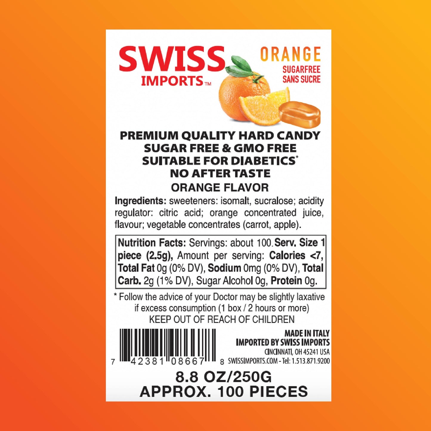 Swiss Imports Sugar Free Bonbons Hard Candy Drops, Orange, 100 Individually Wrapped Pieces, 250G/8.8Oz