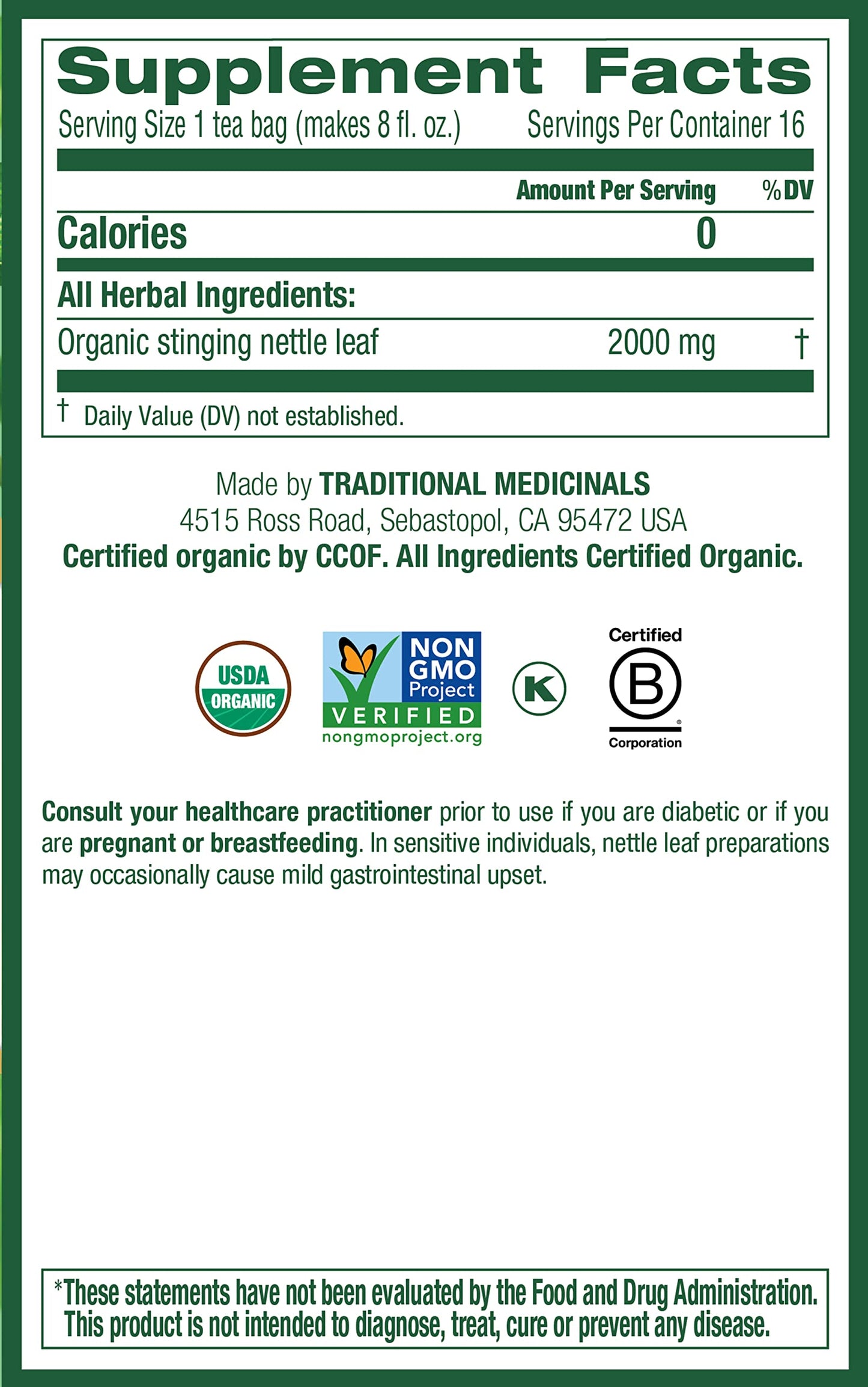 Traditional Medicinals Organic Nettle Leaf 16 Tea Bags (Pack Of 2)