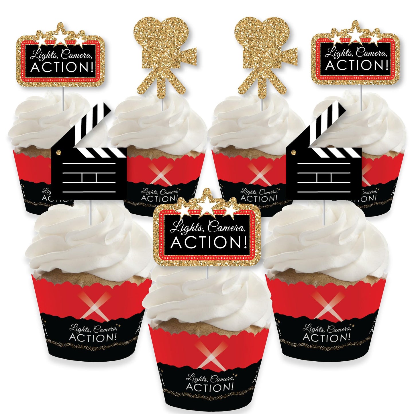 Big Dot of Happiness Cupcake Decorations Kit - Movie Night - Set of 24 - Red, Black, Gold, White - Small - Model BD5651tpk