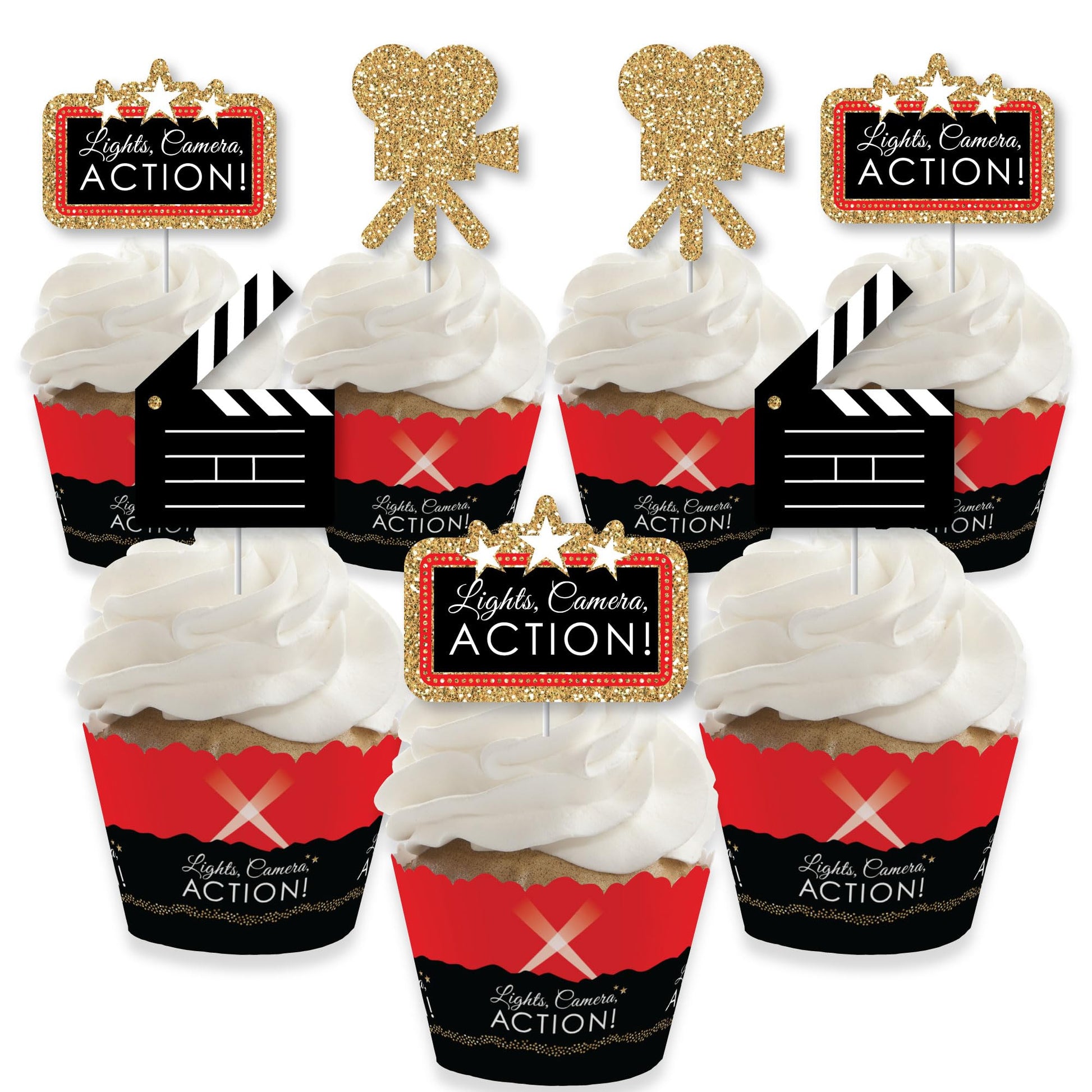 Big Dot of Happiness Cupcake Decorations Kit - Movie Night - Set of 24 - Red, Black, Gold, White - Small - Model BD5651tpk