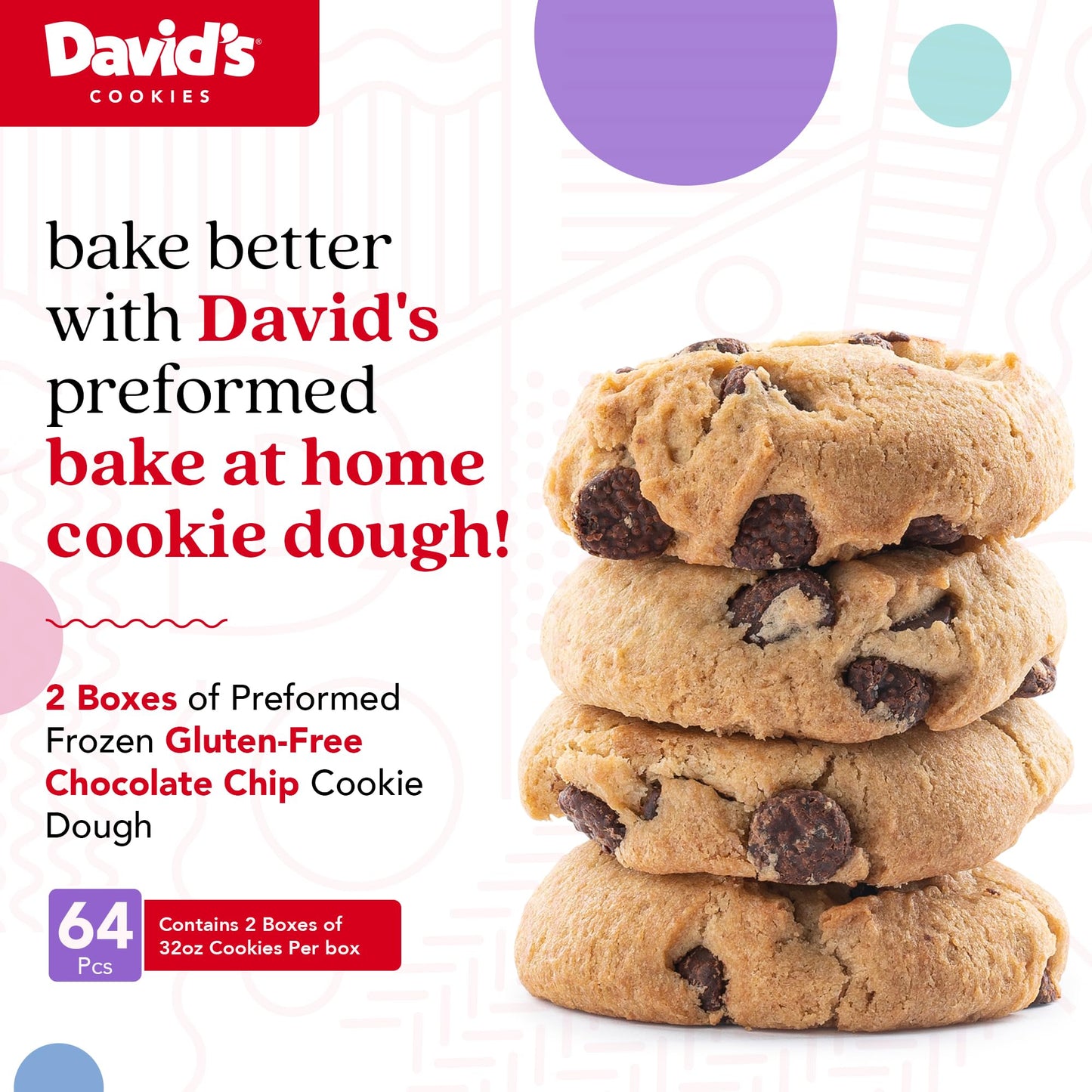 David'S Cookies Preformed Frozen Cookie Dough Gluten Free Chocolate Chip 64 Count