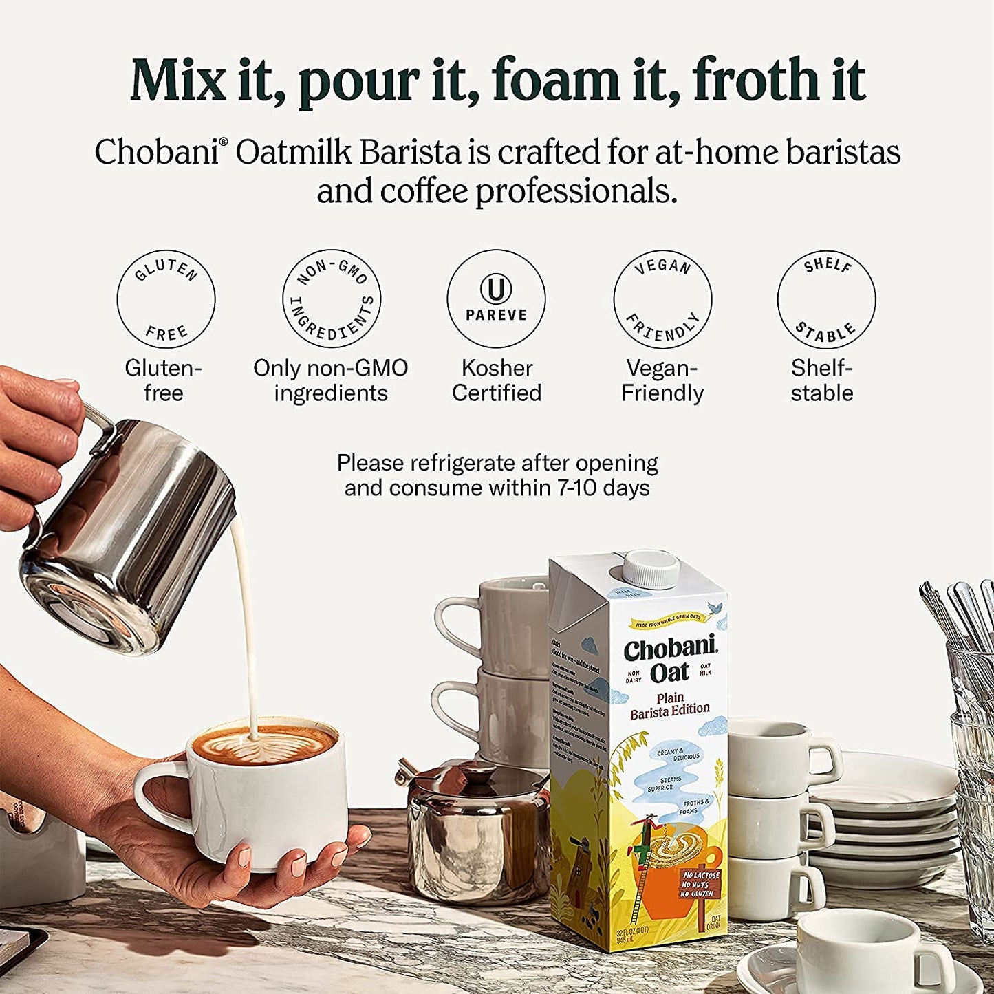 Chobani Oat Milk, Plain Oat Barista Edition, Shelf Stable Non Dairy Milk, Creamer, Vegan Friendly, Gluten-Free, 32 FL OZ (Pack-1