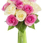 KaBloom Flowers - Bouquet of 12 Soft Pink and White Roses without vase.Gift for Birthday, Get Well, Thank You, Valentine, Mother