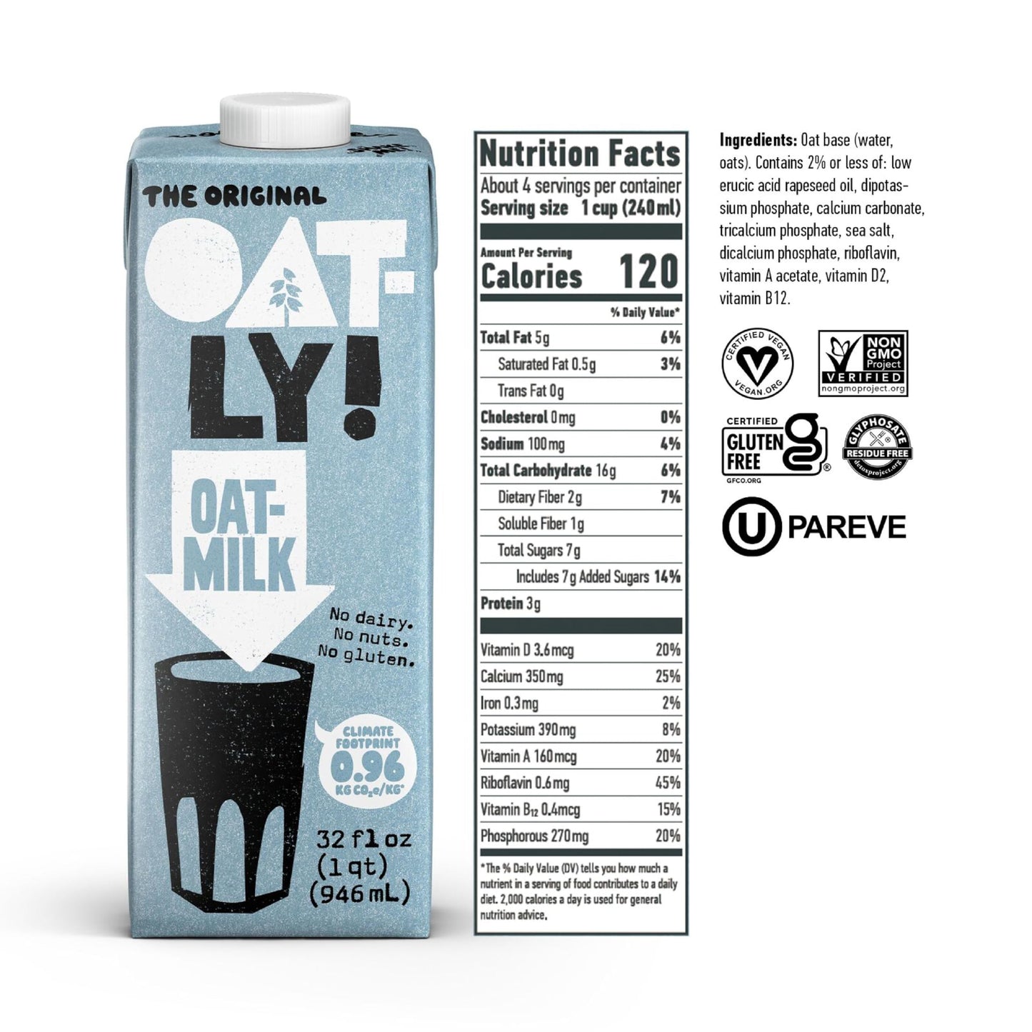 Oatly Original Oatmilk - Shelf-Stable  Creamy  Dairy-Free  Plant-Based Milk for Cereal  Smoothies  Baking & More (32 oz  12-pack)