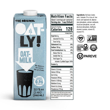 Oatly Original Oatmilk - Shelf-Stable  Creamy  Dairy-Free  Plant-Based Milk for Cereal  Smoothies  Baking & More (32 oz  12-pack)